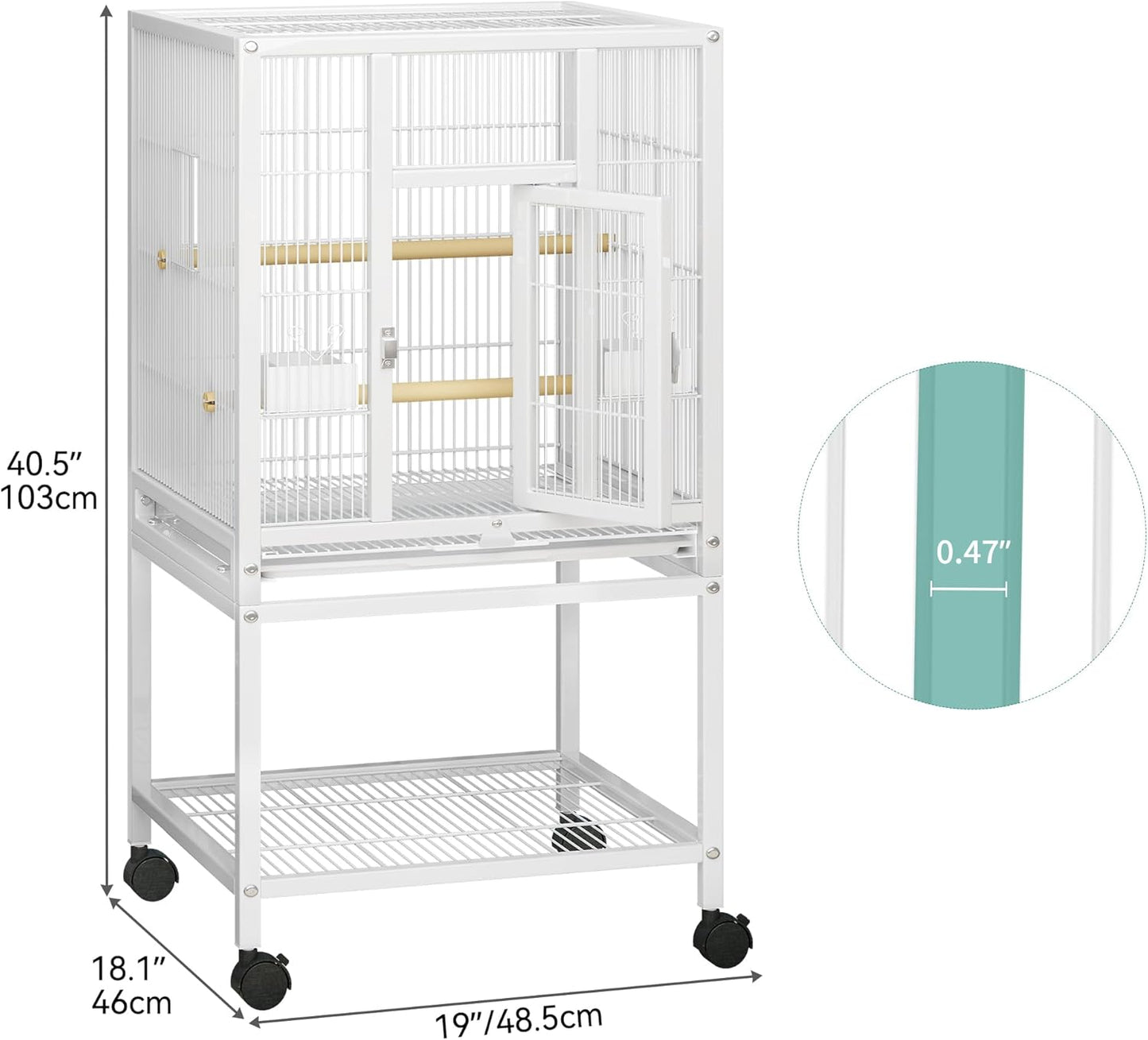 YITAHOME 41 inches Metal Bird Cage for Parakeets: Large Parrot Cages with Tray, Food Boxes, and Wooden Perches with Rolling Stand & Brakes for Lovebirds Cockatiels Pigeon Finches, White