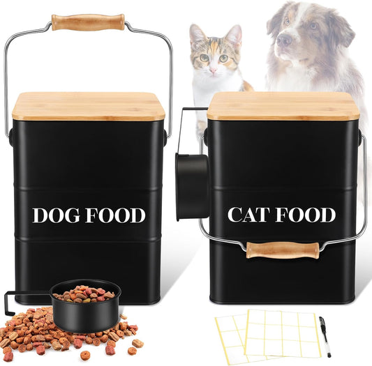 Tioncy 2 Pcs Metal Dog and Cat Food Storage Containers Big Pet Food Containers with Bamboo Lids and Spoon Airtight 5-7 Lbs Dog Cat Treat Snack Jars with DIY Labels for Kitchen Counter(Black)