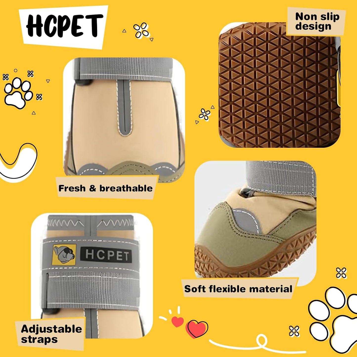 Hcpet Dog Shoes for Large Dogs, Waterproof Dog Booties for Small Medium Dogs, Anti-Slip Dog Boots & Paw Protectors for Hot Pavement Winter Snow Hiking with Reflective Straps Khaki Size 2