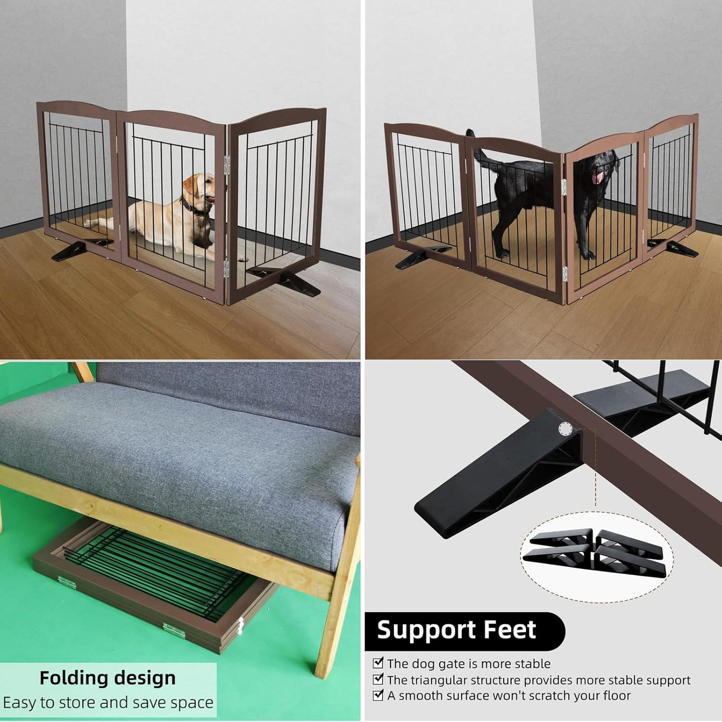 ZJSF Freestanding Dog Fence Indoor, Foldable Dog Gate for Doorways, Stairs or Hallways, Sturdy Wood Extra Wide Pet Gate with Support Feet for The House, Brown, 32 "Height-3 Panels