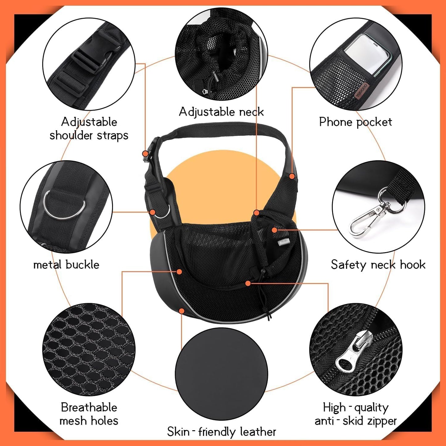YUDODO Pet Sling Carrier for Small Dogs & Cats – Hands-Free Puppy Carrier with Safety Hook, Large Zipper Pocket, Soft Breathable Mesh, Adjustable Strap & Reflective Strip (Black 3.0 S)