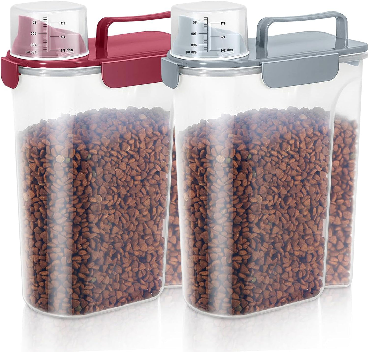 5-7Lbs Dog Cat Food Storage Container with Upgraded Large Nozzle BPA-free, 4 Snap Seals Plastic Pet Food Storage Containers with Handles (2, Gray Blue + Red, 5L)
