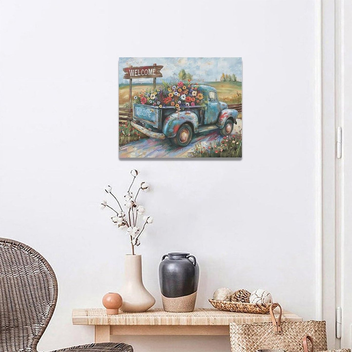 Farmhouse Truck Wall Art Rustic Country Wildflowers Wall Decor Road Flowers Landscape Pictures Canvas Print Painting Artwork for Bathroom Living Room Bedroom 16"x20"