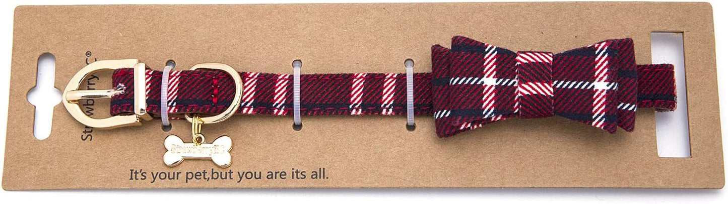 Puppy Collars for Small Dogs - StrawberryEC Adjustable Puppy Id Buckle Collar Leather. Cute Plaid Red Bowtie Dog Collar (Bow-Red)