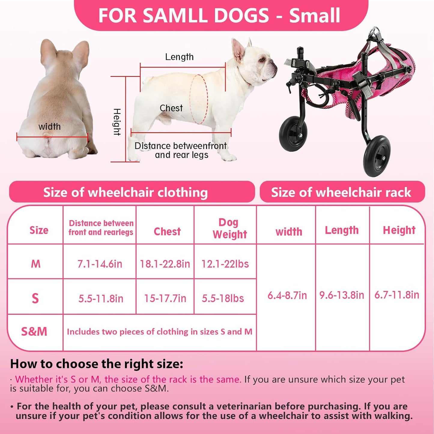 Updated Dog Wheelchair for Back Legs,Small Dog Wheelchair Carts with Wheels, Light Weight Wheelchair for Leg Support Helps Senior,Injured,Paralyzed, S & Pink