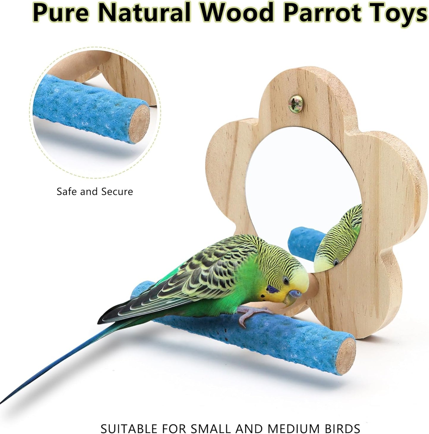 Small Bird Mirror Parrot Swing,Wooden Parakeet Perches Flower Interactive Play Toys for Small Budgies Macaw African Grey Parakeets Lovebird Cockatiel Cage Accessories (S, Wood-1p)