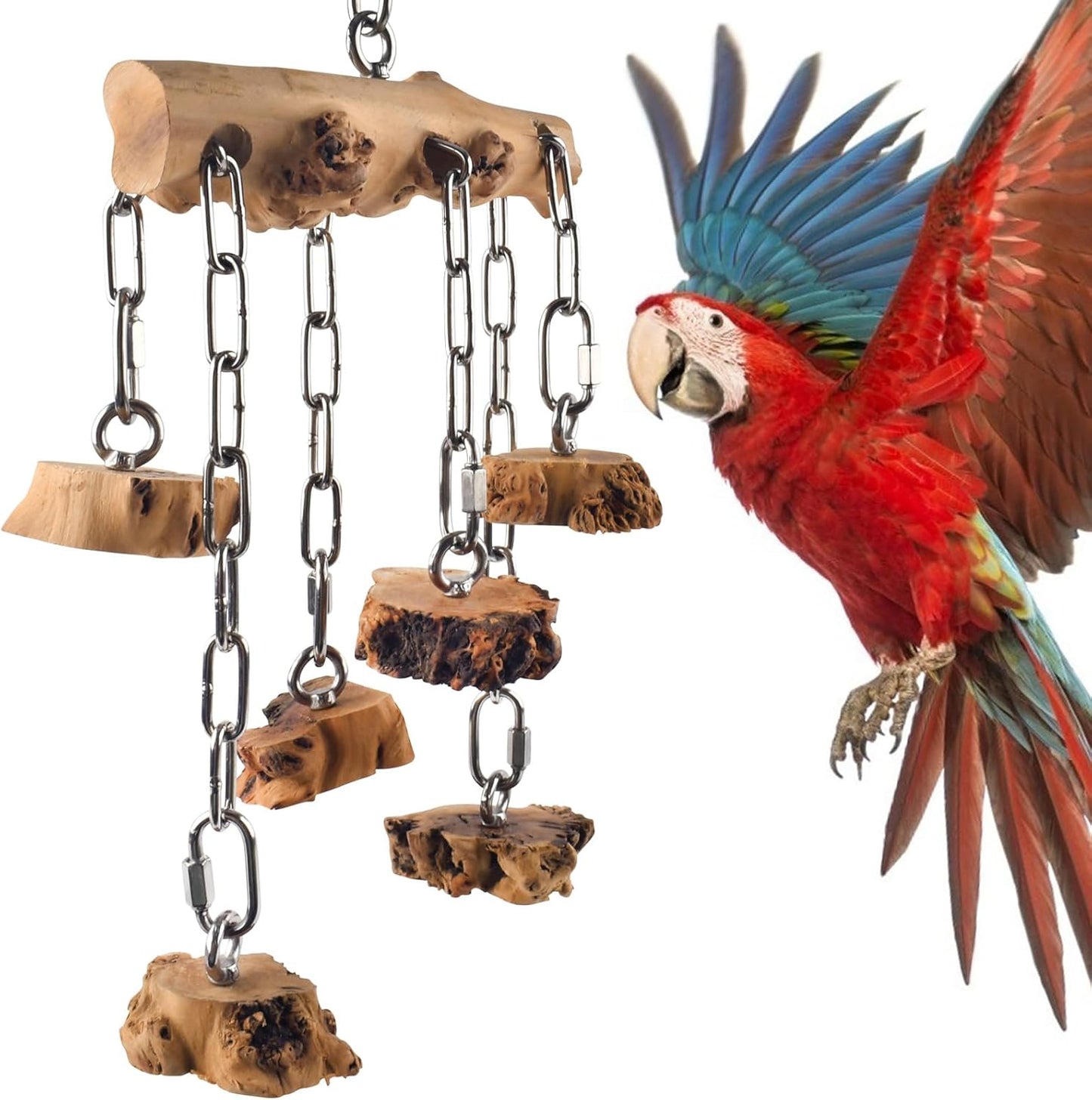 Bird Toys for Parrots, Durable Wooden Large Parrot Toy with Stainless Steel, Hanging Natural Chew Hardwood Blocks for Macaws, African Greys, Amazon Parrots, Cockatoos and Small Medium Parakeets