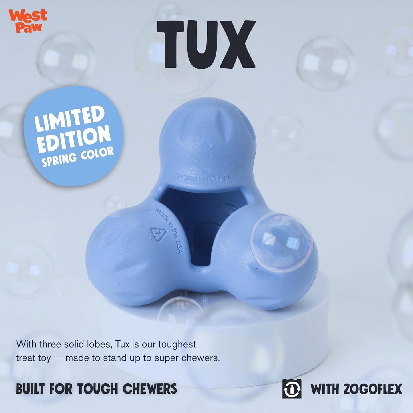 WEST PAW Zogoflex Tux Treat Dispensing Dog Chew Toy – Interactive Chewing Toy for Dogs – Dog Games for Aggressive Chewers, Fetch, Catch – Holds Kibble, Treats, Small 4",Periwinkle