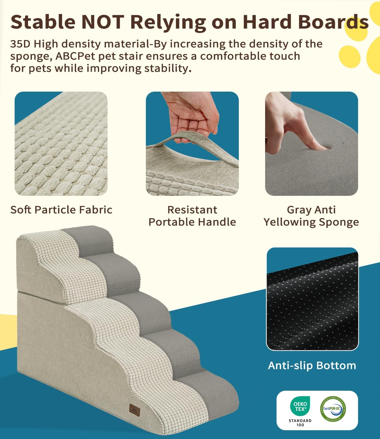 Dog Step for Bed, Dog Stair 5-Step 35D Pet Stair 19.7" H for High Bed or Sofa Non-Slip Balanced Pet Step Indoor, Beige