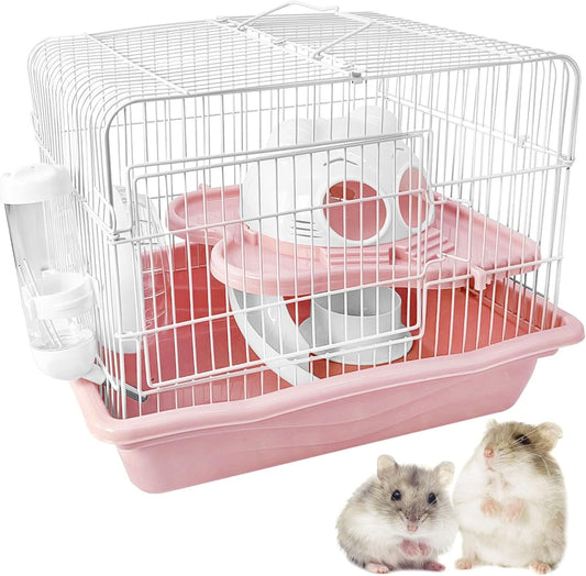 PINVNBY Dwarf Hamster Cage, Small Animal Cages, 2-Tier Travel Portable Mouse Cage Hamster Carrier with Castle House Running Exercise Wheels, Water Bottle and Food Dis（Pink）