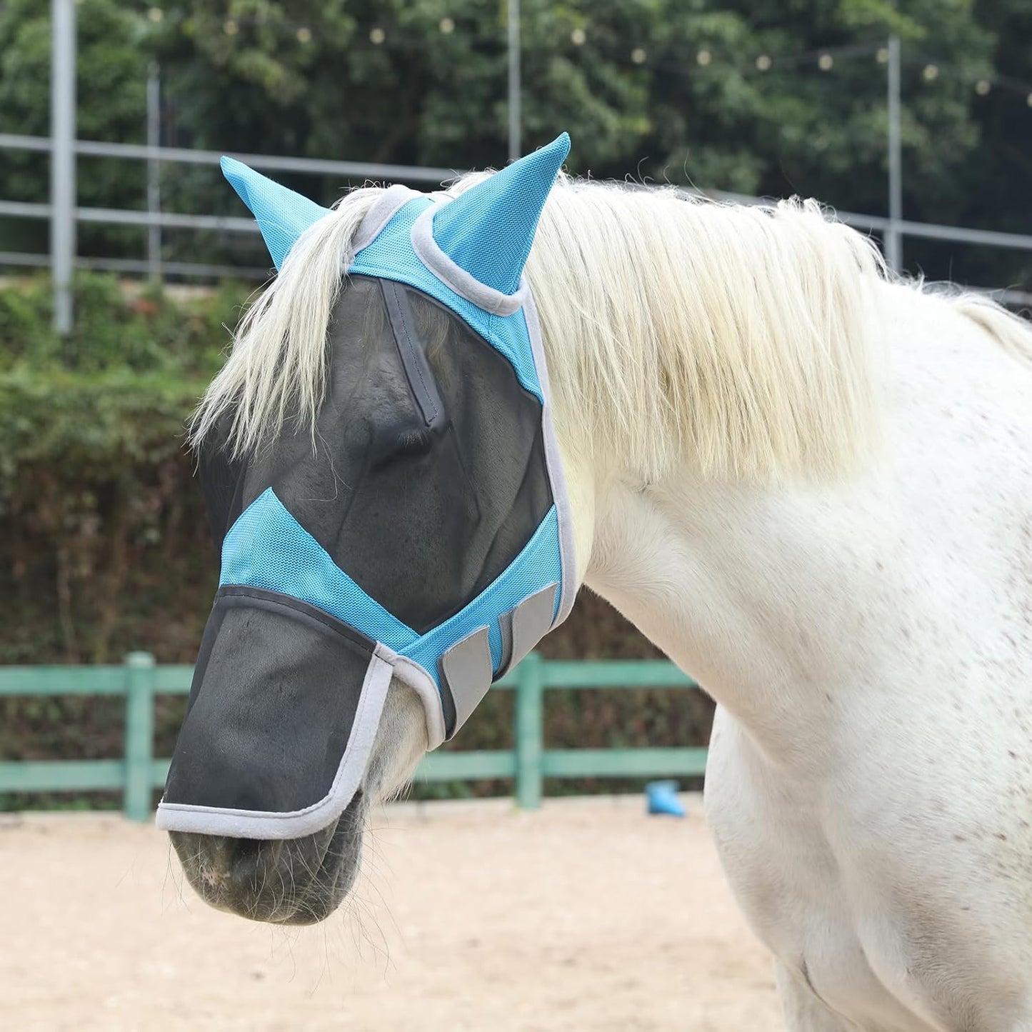 Horse Fly Mask with Ears & Long Nose Cover | Forelock Opening for Tangle-Free Mane Care | UV Protection & Breathable Mesh | No Rub Fit and Enhanced Visbility for Trail Riding Paleblue Full