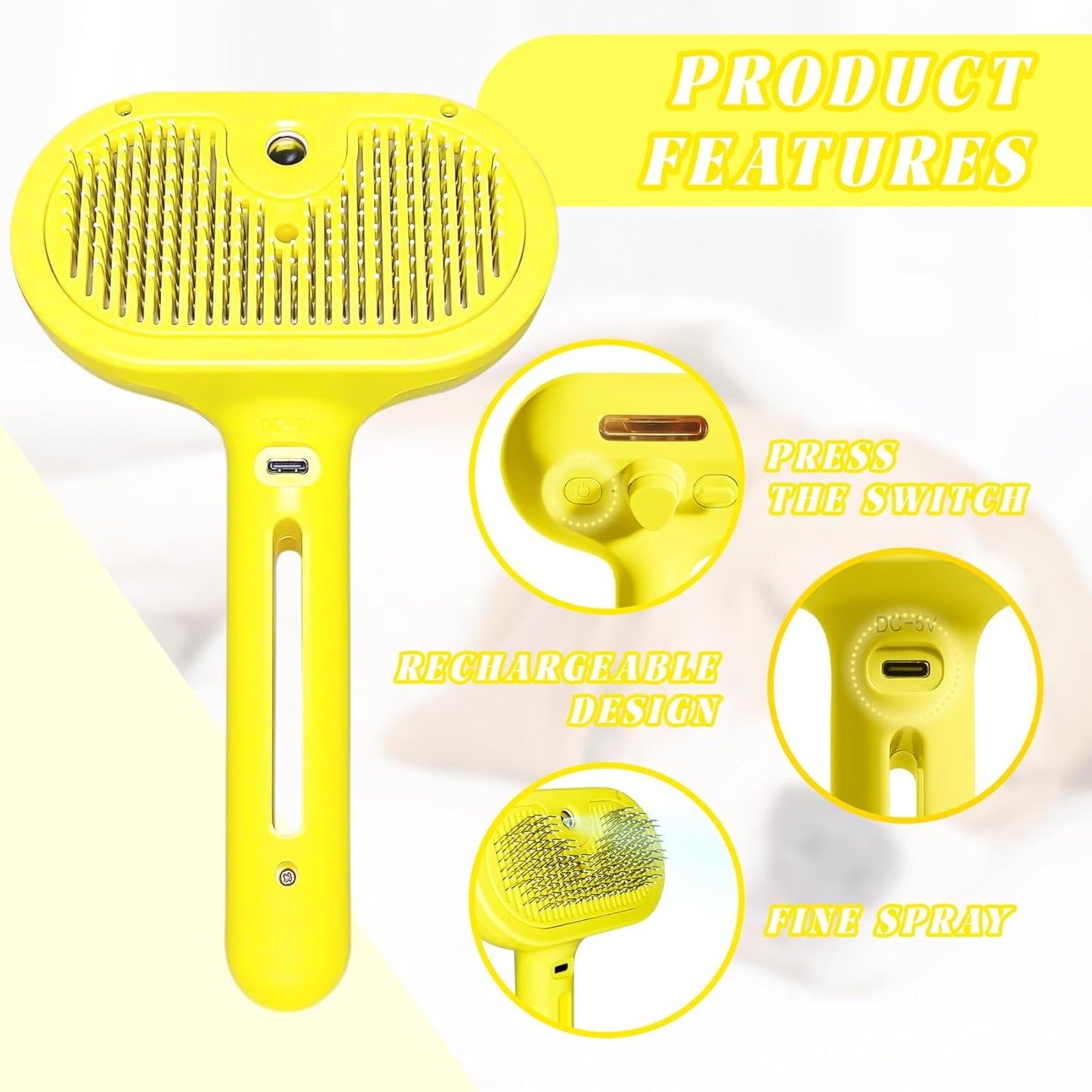 QOQ Self-Cleaning Spray Cat Brush for Shedding, Removes Static Flying Hair, and Works Wonders for Both Long and Short-Haired Pets 2 In 1 Cleaning Brush for Cats And Dogs Grooming (Yellow)