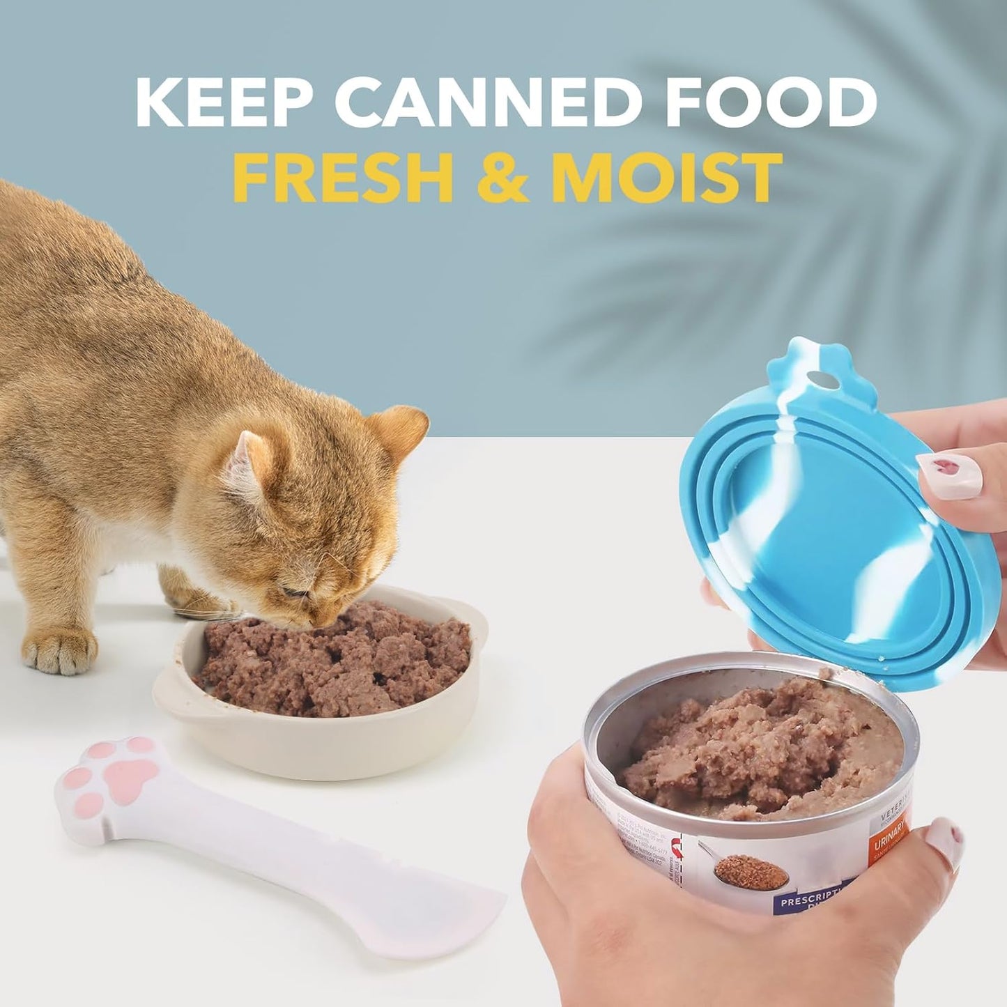 Comtim 5 PCS Pet Food Can Lids & Spoons Set - Silicone Dog Cat Covers With Multi-Function Spatula Opener for Wet Food - Long Handle Easy to Scoop