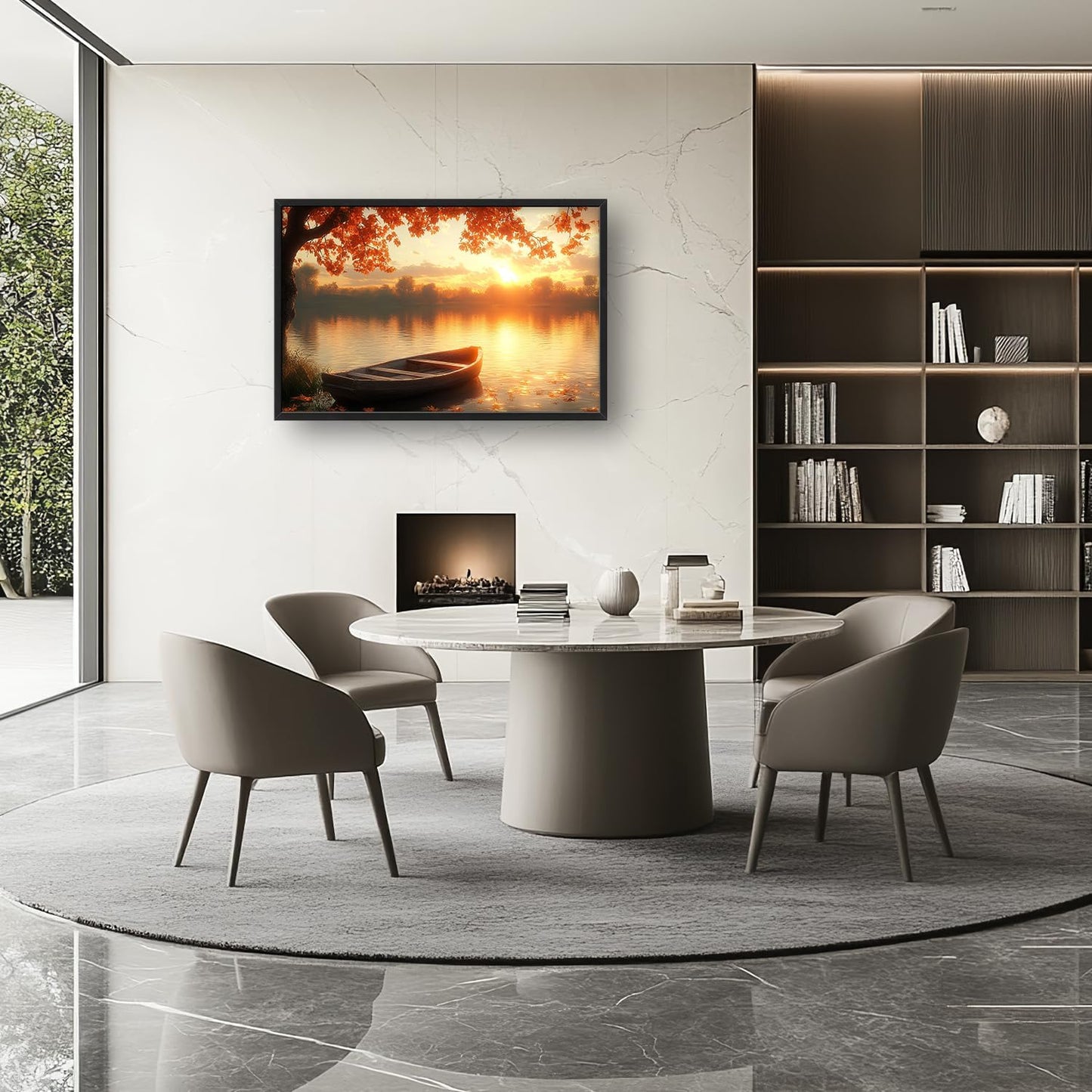 Large Lake Sunrise Landscape Wall Art for Living Room, Nature Boat Canvas Oversized Wall Decor, River Scenery Framed Pictures Painting Print Artwork for Bedroom Office 36"L x 24"W