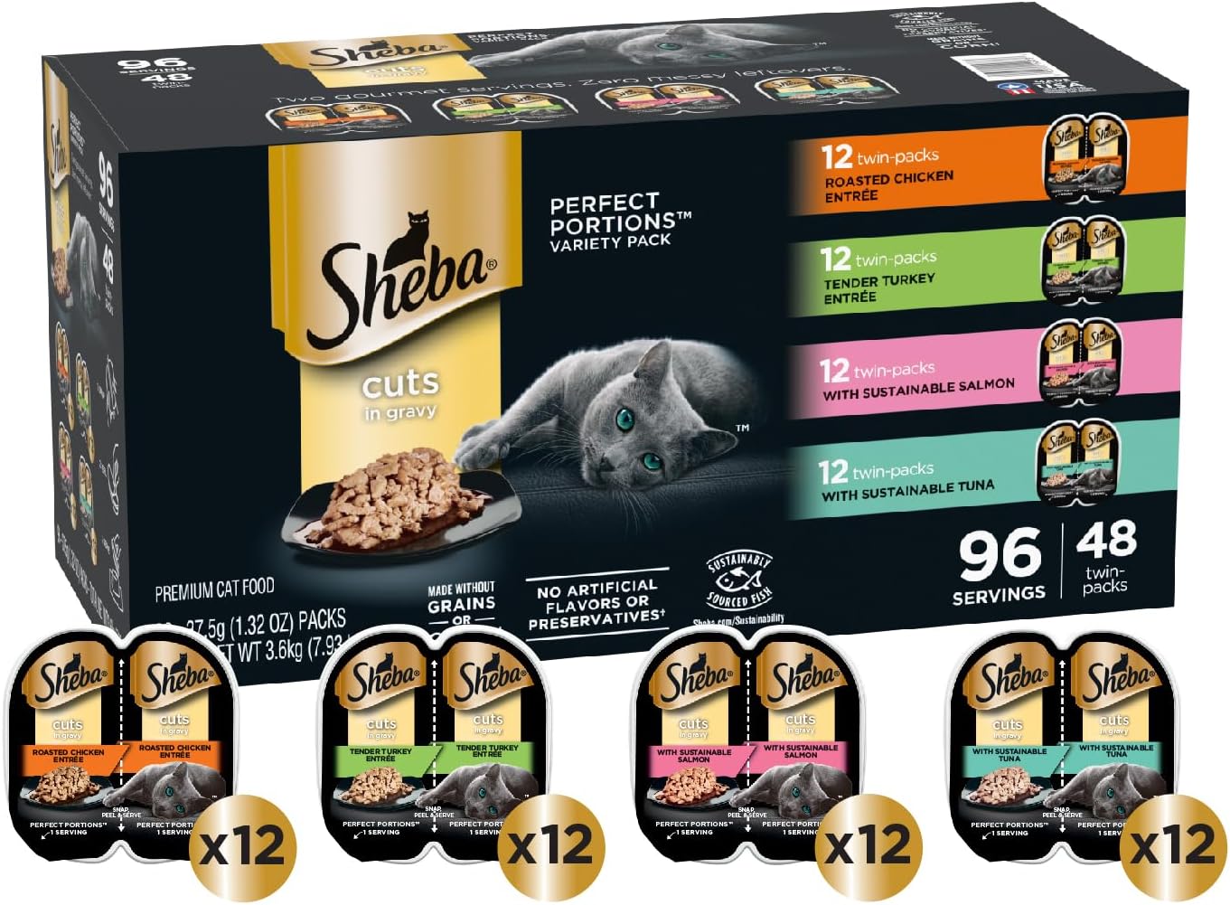 Sheba Perfect Portions Wet Cat Food Cuts in Gravy Variety Pack, Roasted Chicken, Tender Turkey, with Sustainable Salmon, and with Sustainable Tuna, 2.6 oz. Twin-Pack Trays (48 Count, 96 Servings)