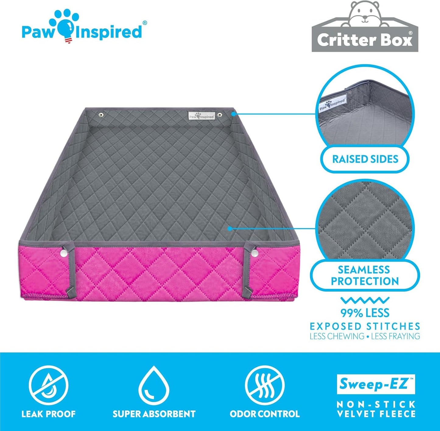Paw Inspired Critter Box Washable Cage Liner, Reversible Fleece Bedding with Raised Sides for Ferrets, Guinea Pigs, Rats, Chinchillas, and Other Small Animals (Critter Nation/Ferret Nation, Gray/Pink)