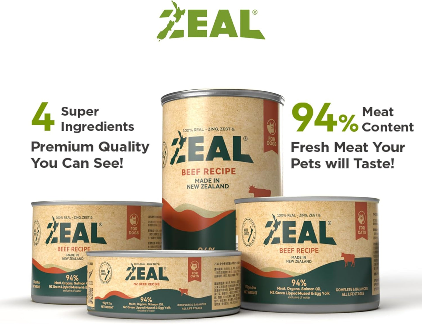 ZEAL New Zealand Wet Cat Food – High Protein, Grain-Free with Superfoods (Beef, 3.17oz Can, 24-Pack)