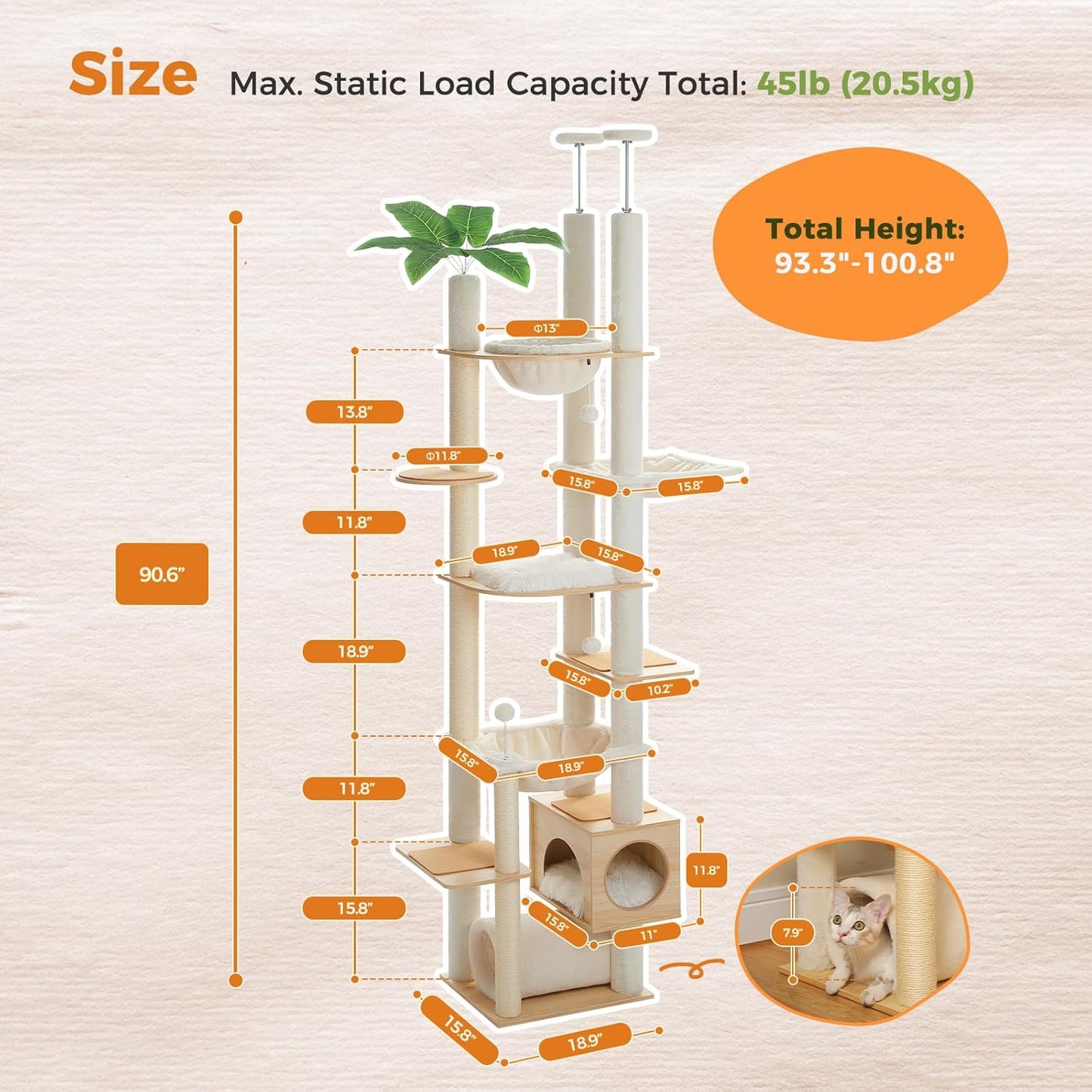 PEQULTI Floor to Ceiling Cat Tree 93.3’’-100.8’’ Height Adjustable Wooden Cat Tower Tall Climbing Play House with Scratching Posts, Cozy Condo, Perches and Large Hammock for Indoor Cats Beige