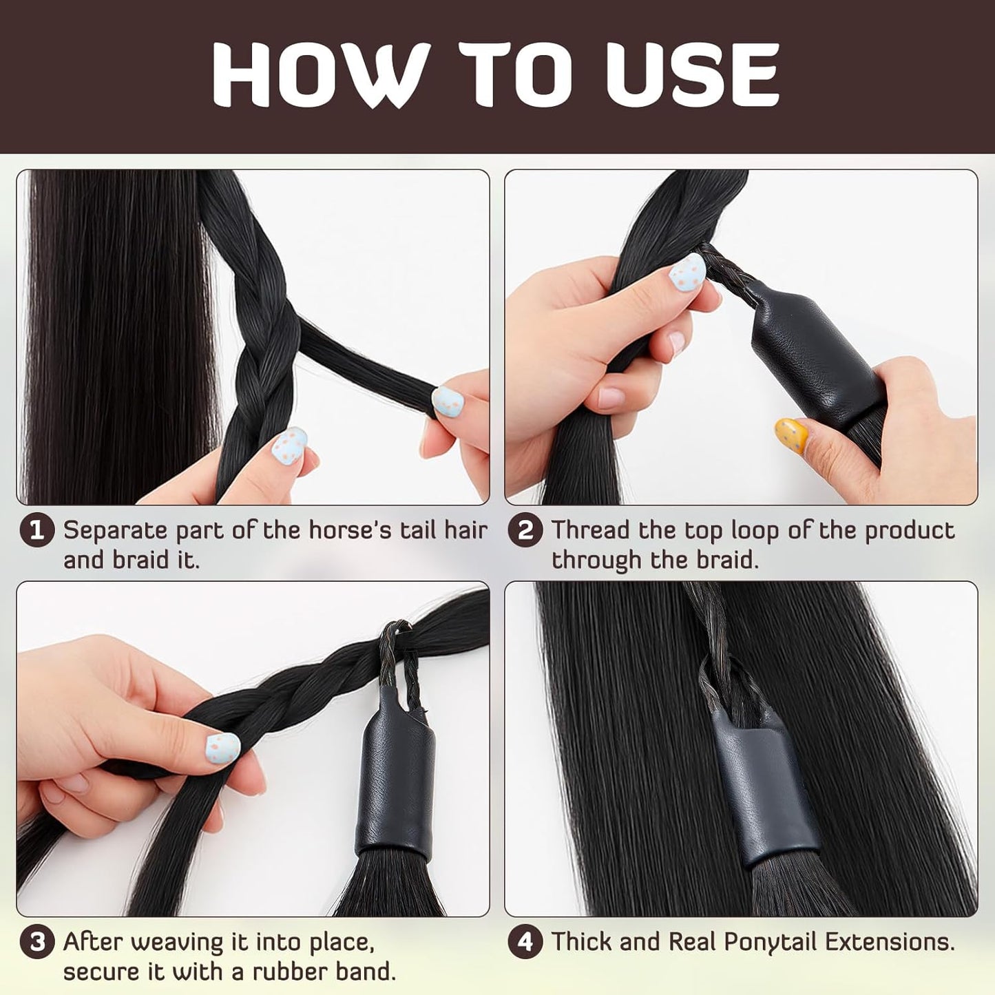 Zeyune 3 Pcs Horse Tail Extensions Set with Braided Horsehair Loop Include Ponytail Comb and Storage Bag, Natural Black for Equestrian Competitions, Horse Shows, Daily Grooming(28-30inch,3/8 lb)