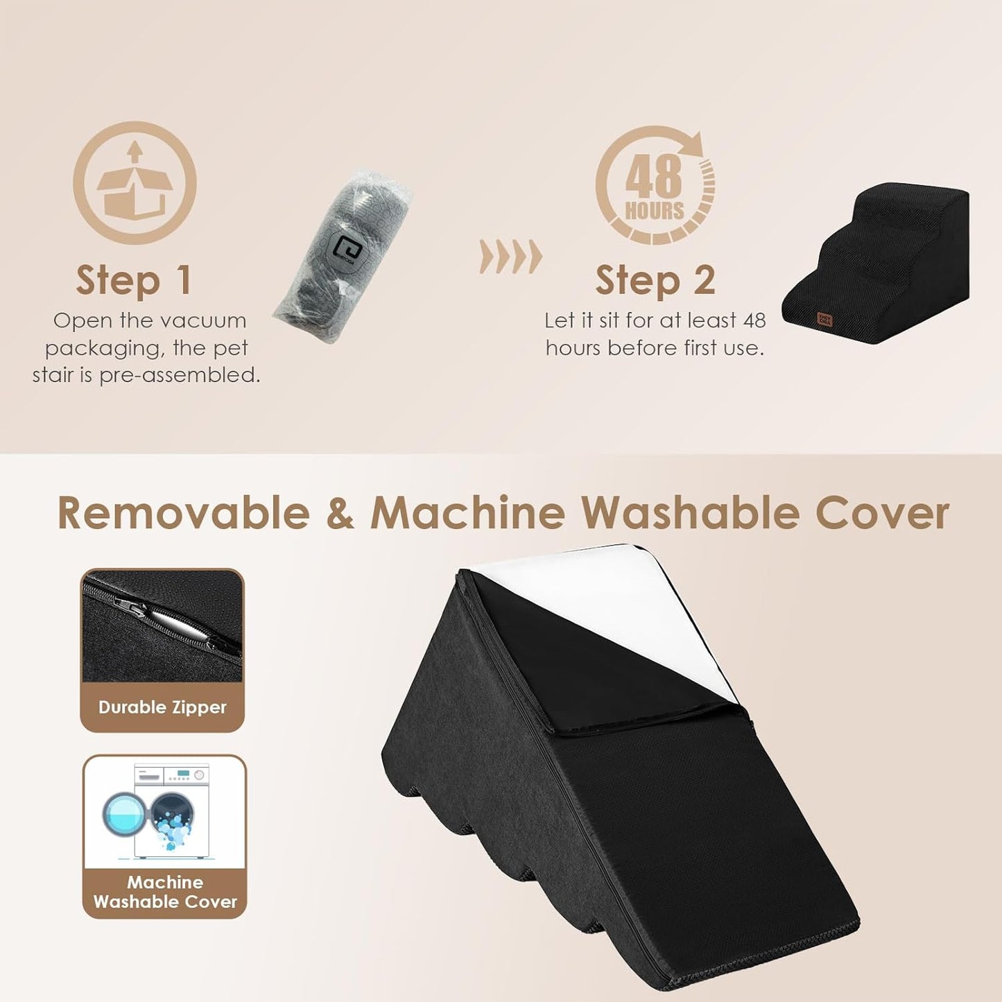 EHEYCIGA Curved Dog Stairs Ramp for Small Dogs 15.7" H, 3-Step Dog Steps for Couch Sofa and Chair, Pet Stairs for Cats, Non-Slip Balanced Pet Steps Indoor, Black