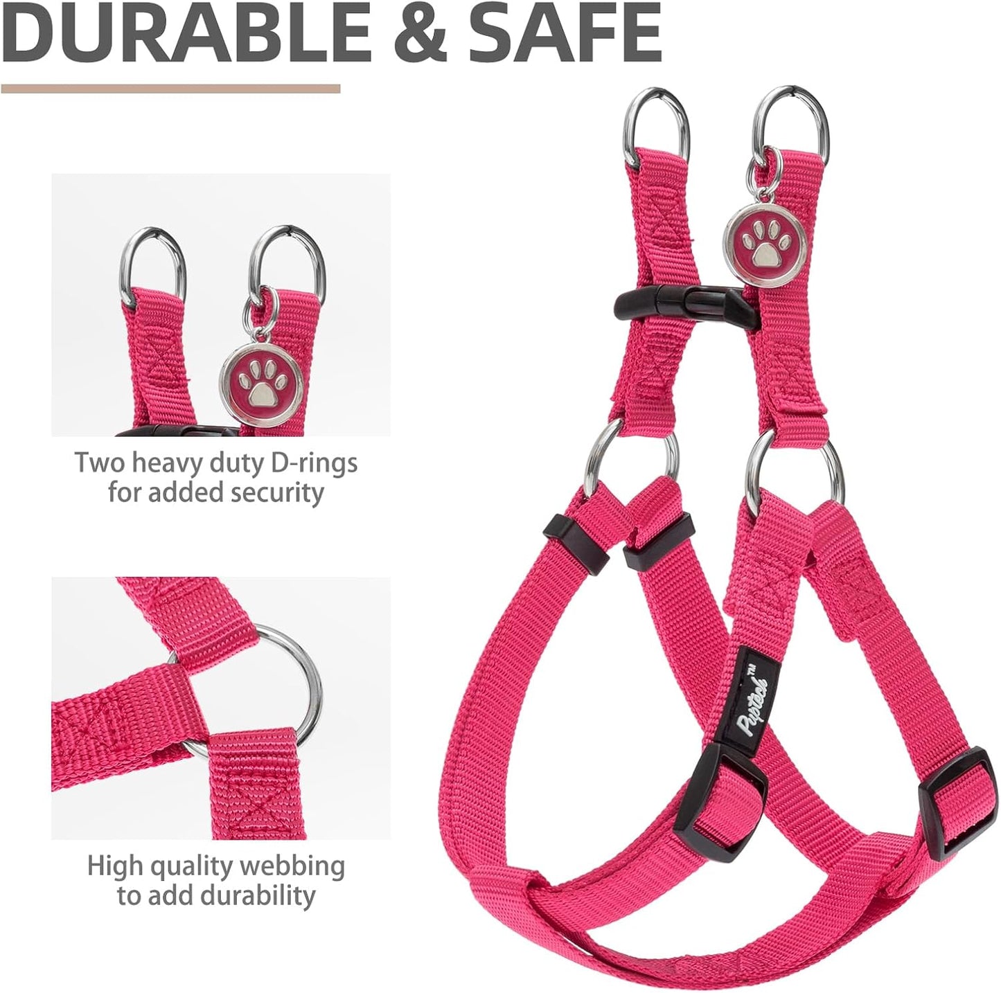 PUPTECK No Pull Dog Harness Soft Adjustable Basic Nylon Step in Puppy Vest Outdoor Walking with ID Tag and A-ir Tag Case, Hot Pink, S