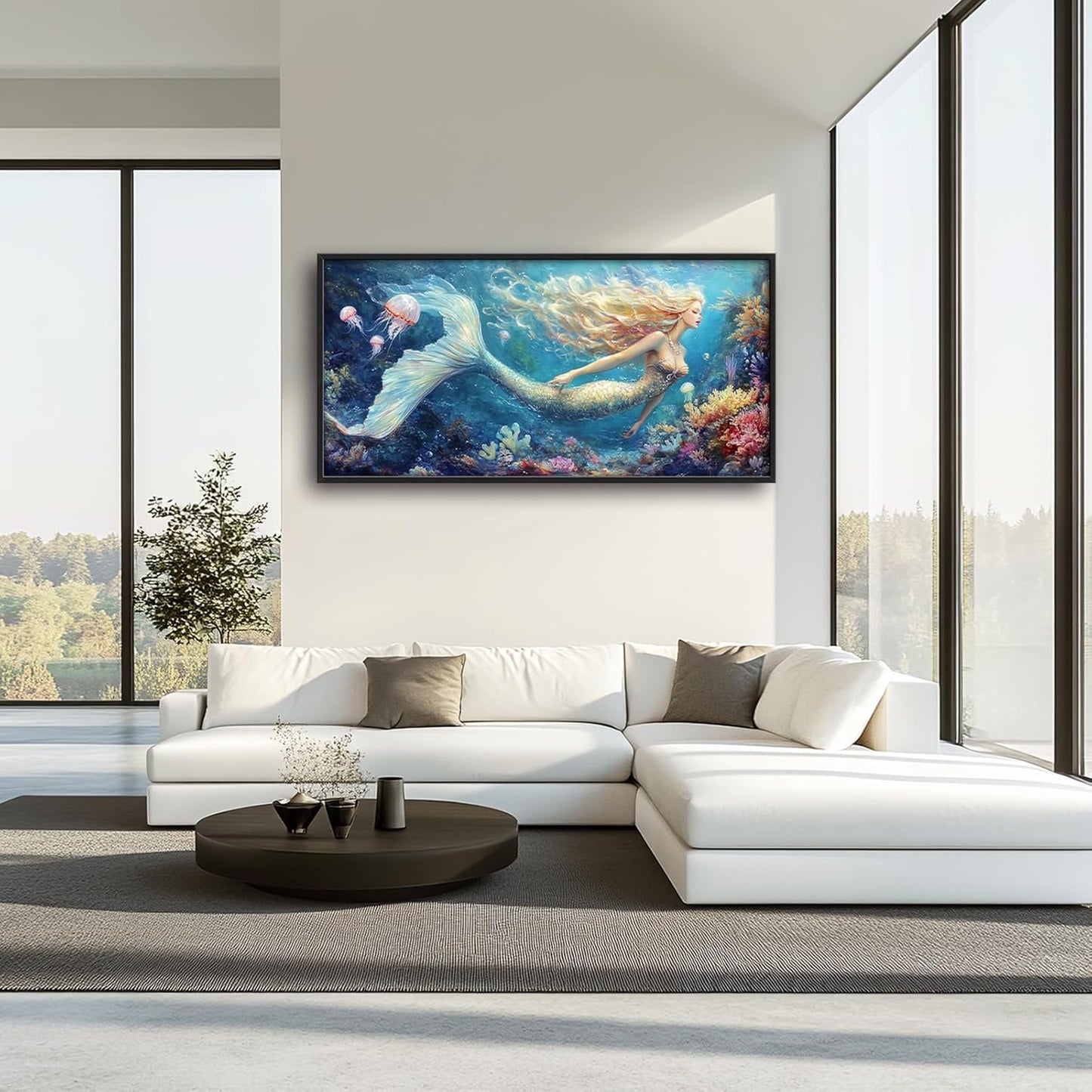 Extra Large Framed Mermaid Wall Art,Oversized Undersea Ocean Wall Decor,Colorful Coral Reefs Pictures for Living Room,Elegant Canvas Print Painting Modern Artwork Bedroom Bathroom 60L x 30W