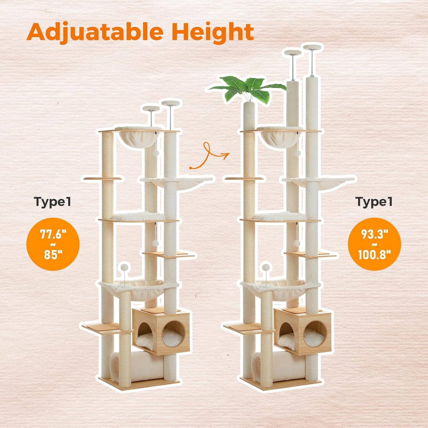 PEQULTI Floor to Ceiling Cat Tree 93.3’’-100.8’’ Height Adjustable Wooden Cat Tower Tall Climbing Play House with Scratching Posts, Cozy Condo, Perches and Large Hammock for Indoor Cats Beige