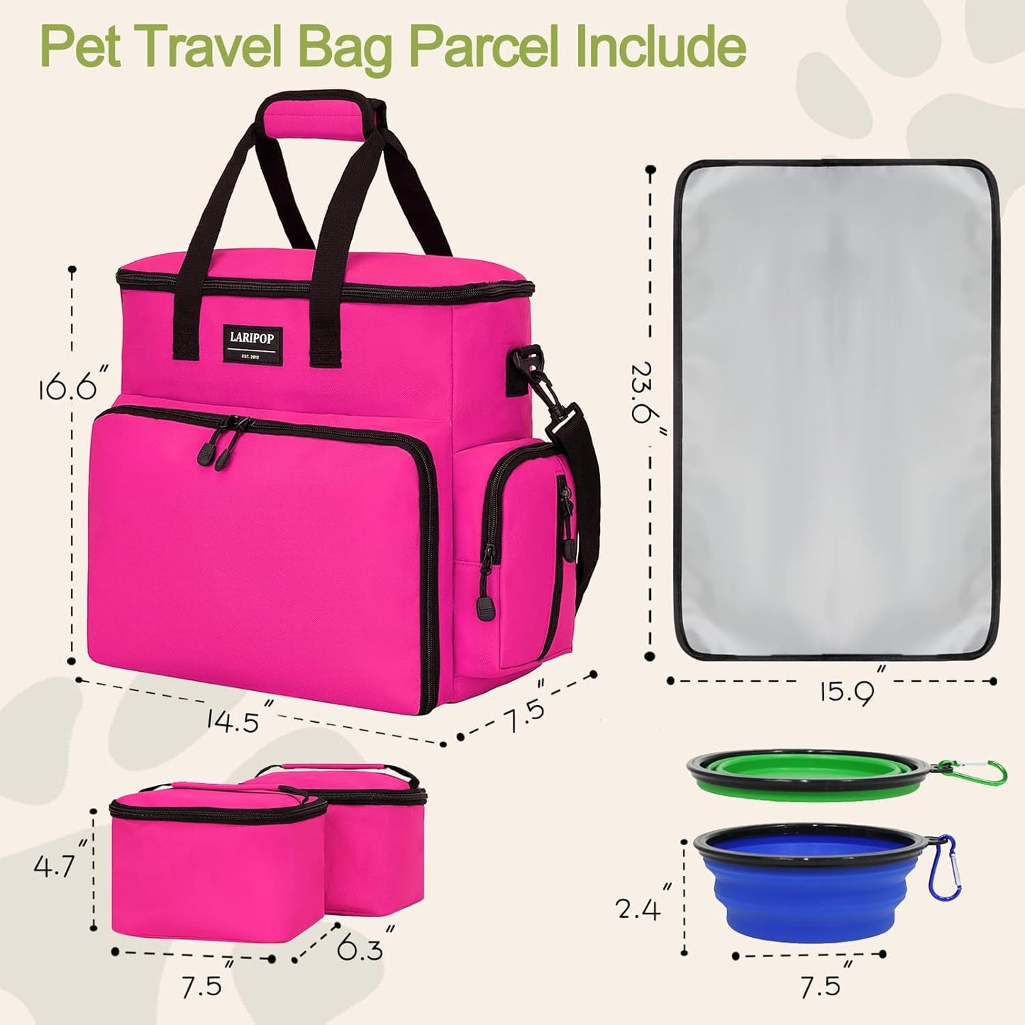 Dog Travel Bag,Weekend Pet Travel Bag Set for Dog and Cat,Airline Approved Tote Multi-Function Dog Bags for Traveling,Include 2 Collapsible Bowls,2 Food Storage Containers,1 Feeding Mat,Red