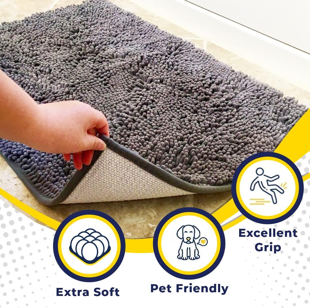 Muddy Mat® Shown on TV – Super Absorbent Microfiber Dog Door Mat for Muddy Paws, Non-Slip Washable Pet Rug, Quick Dry Chenille Entryway Carpet, Machine Washable Indoor Outdoor mat, Grey 60"x24"