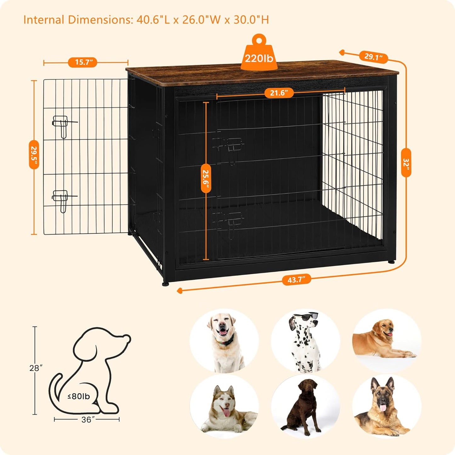 DWANTON Dog Crate Furniture with Cushion, Wooden Kennel Table with Double Doors, Indoor Dog House, Extra Large Size, 43.3" L, Black+Rustic Brown