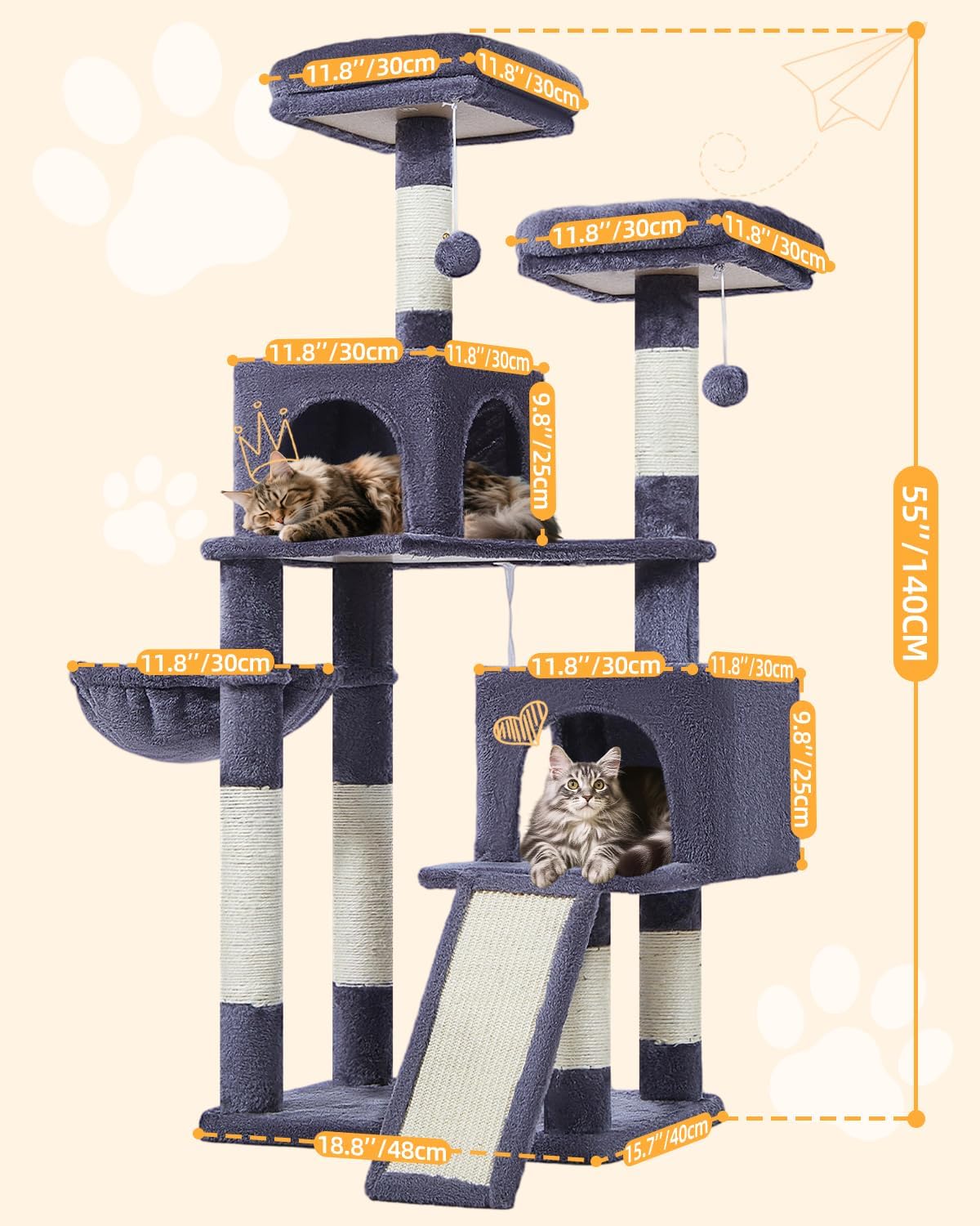 Taoqimiao 56.3-Inch Cat Tree, Cat Tower with Scratching Posts, Cat Tree House for Indoor Cats with hammocks, Toys, Condo and Large Scratch Board, Smoky Gray MS012G