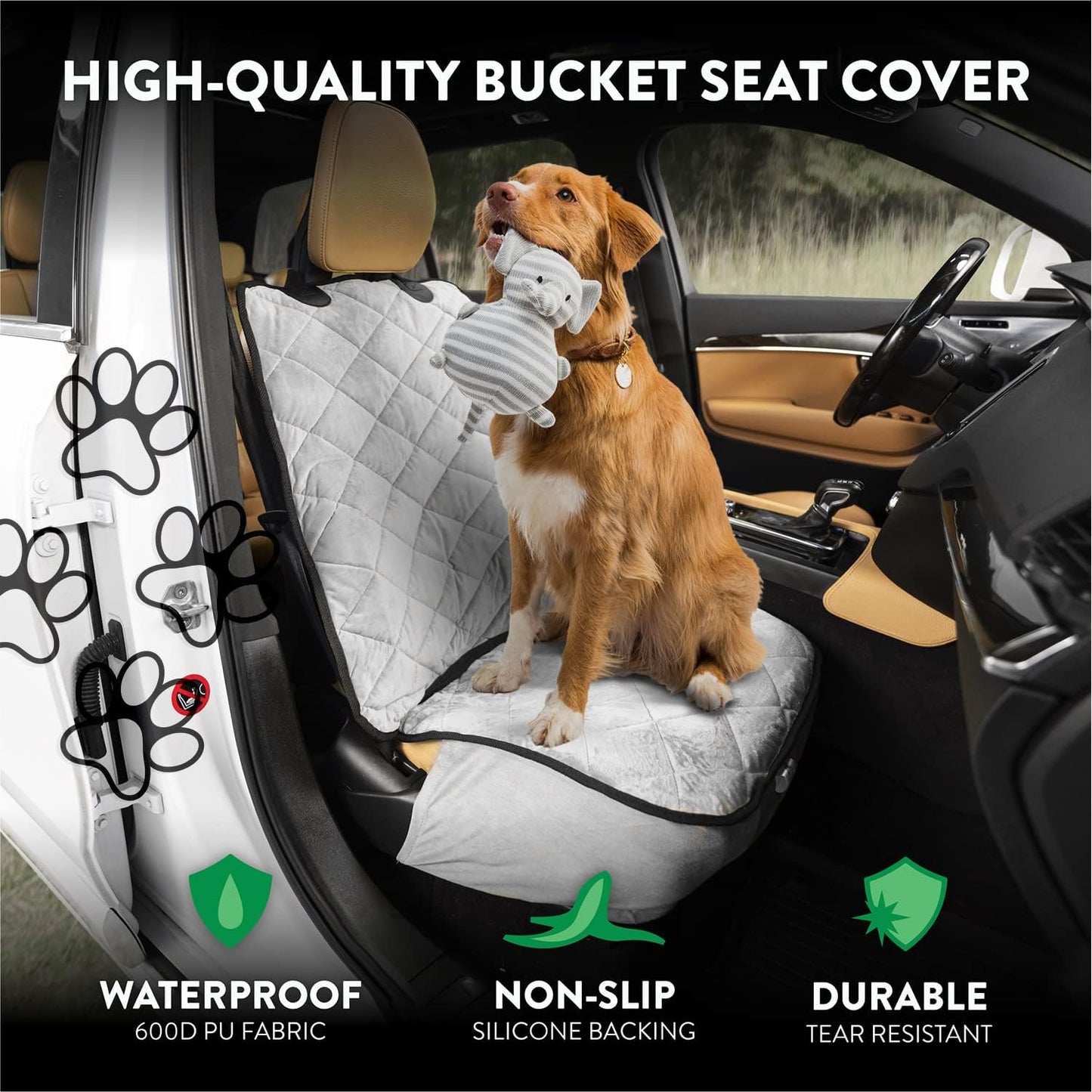Plush Paws Products Premium Bucket Car Seat Protector | Diamond Stitching | Washable & Waterproof Front Seat Dog Cover Car, Truck, & SUV | Nonslip, Tear Resistant Pet Passenger Seat Cover | Grey