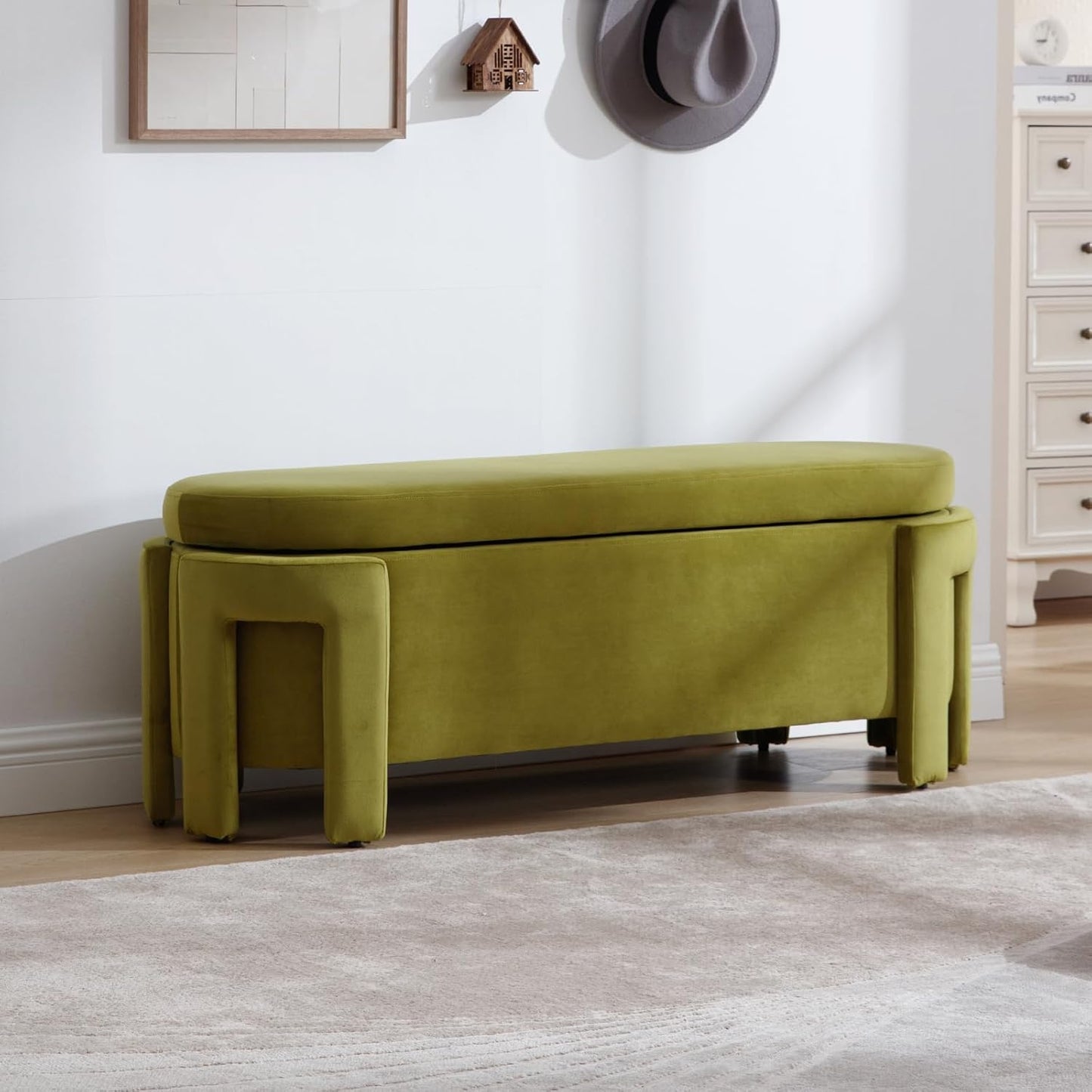 Modern Upholstered Storage Bench, Velvet Fabric 50" Long Entryway Bench with Storage and Seating, Comfy Cute Ottoman Bench for Living Room/End of Bed/Hallway, Olive Green