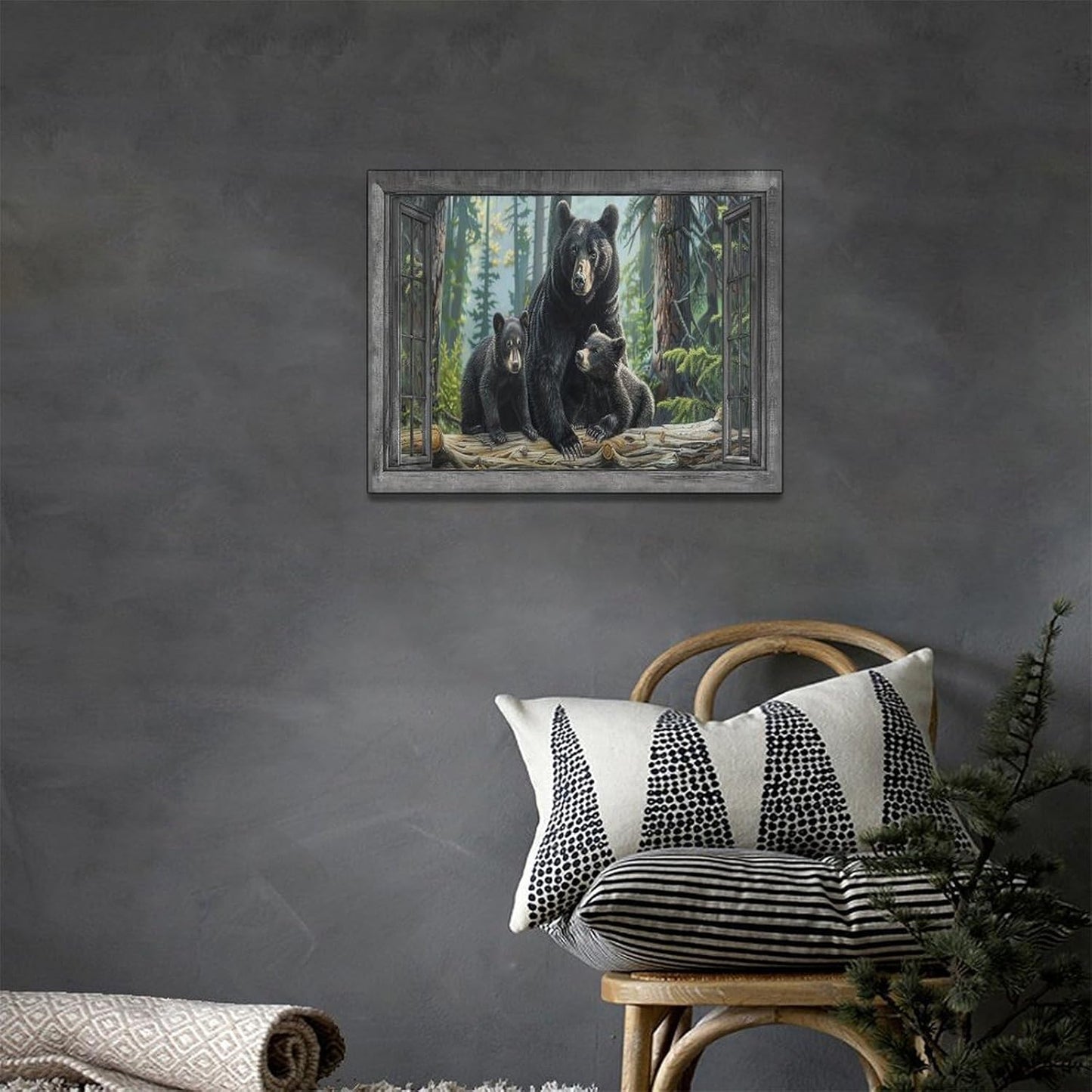 Black Bear Wall Art Forest Window Canvas Cabin Living Room Pictures Prints Animal Wall Decor Painting Artwork for Bedroom Dining Office Home 16"x12"