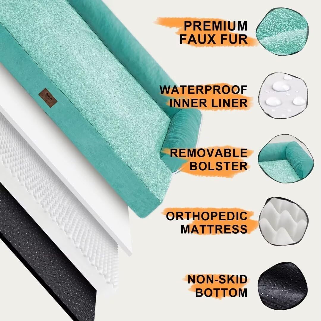 Orthopedic Washable Large Dog Bed, Dog Beds with Removable Cover, Large X XL Pet with Bolster, Washable Aqua Blue Dog Beds with Orthopedic Egg Foam for Medium Large Dogs