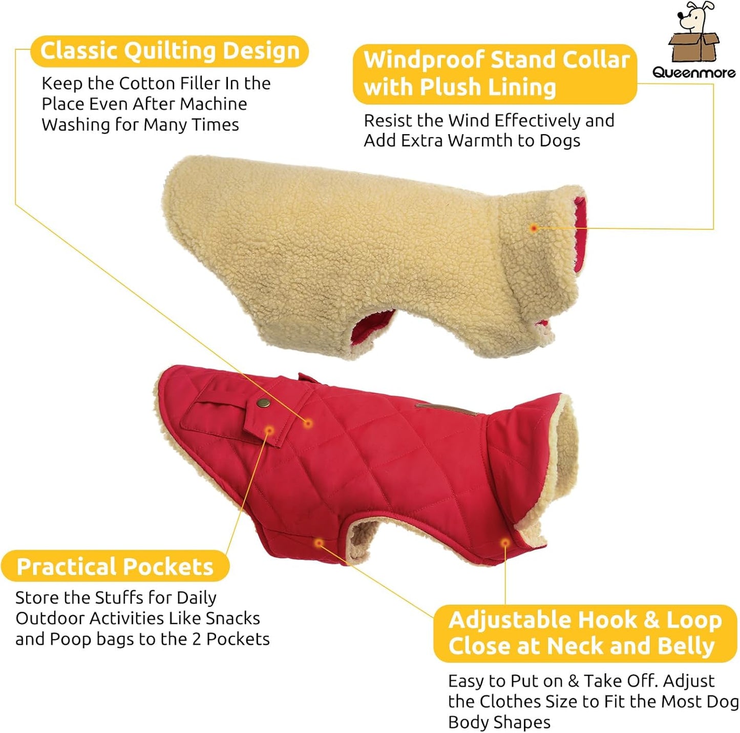 Queenmore Warm Dog Coat, Cold Weather Puffer Jacket with Ultra Thick Plush Lining and Storage Pockets (Red, X-Large)