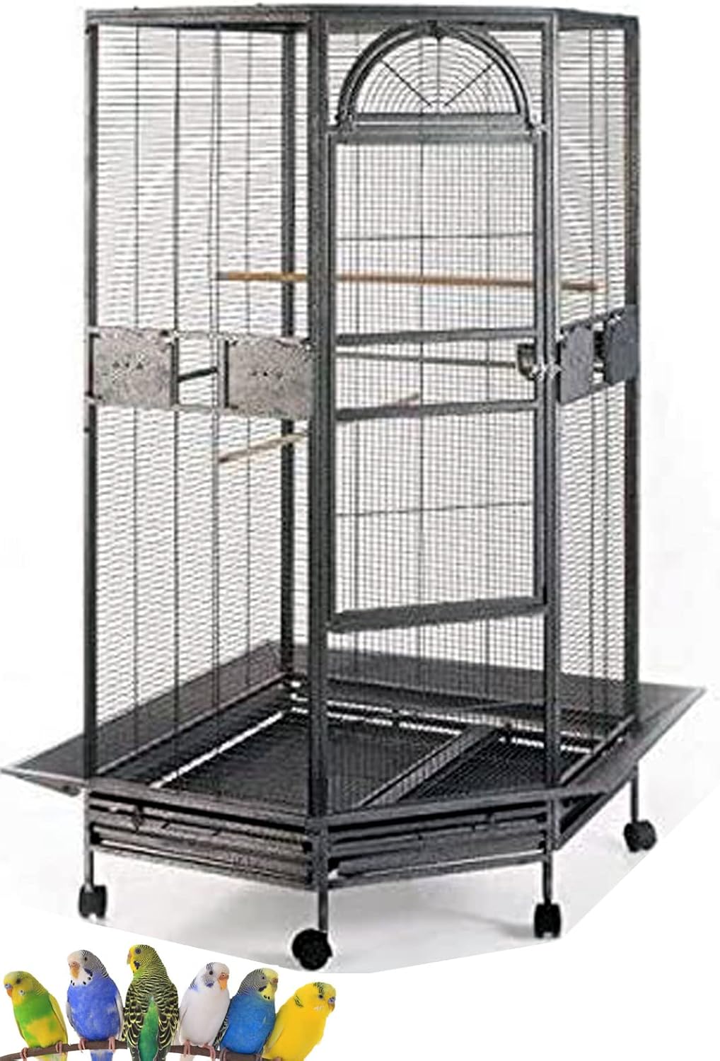X-Large Corner Parrot Bird Flight Breeding Wrought Iron Rolling Cage Solid Plated Feeder Doors with Around Metal Seed Guard
