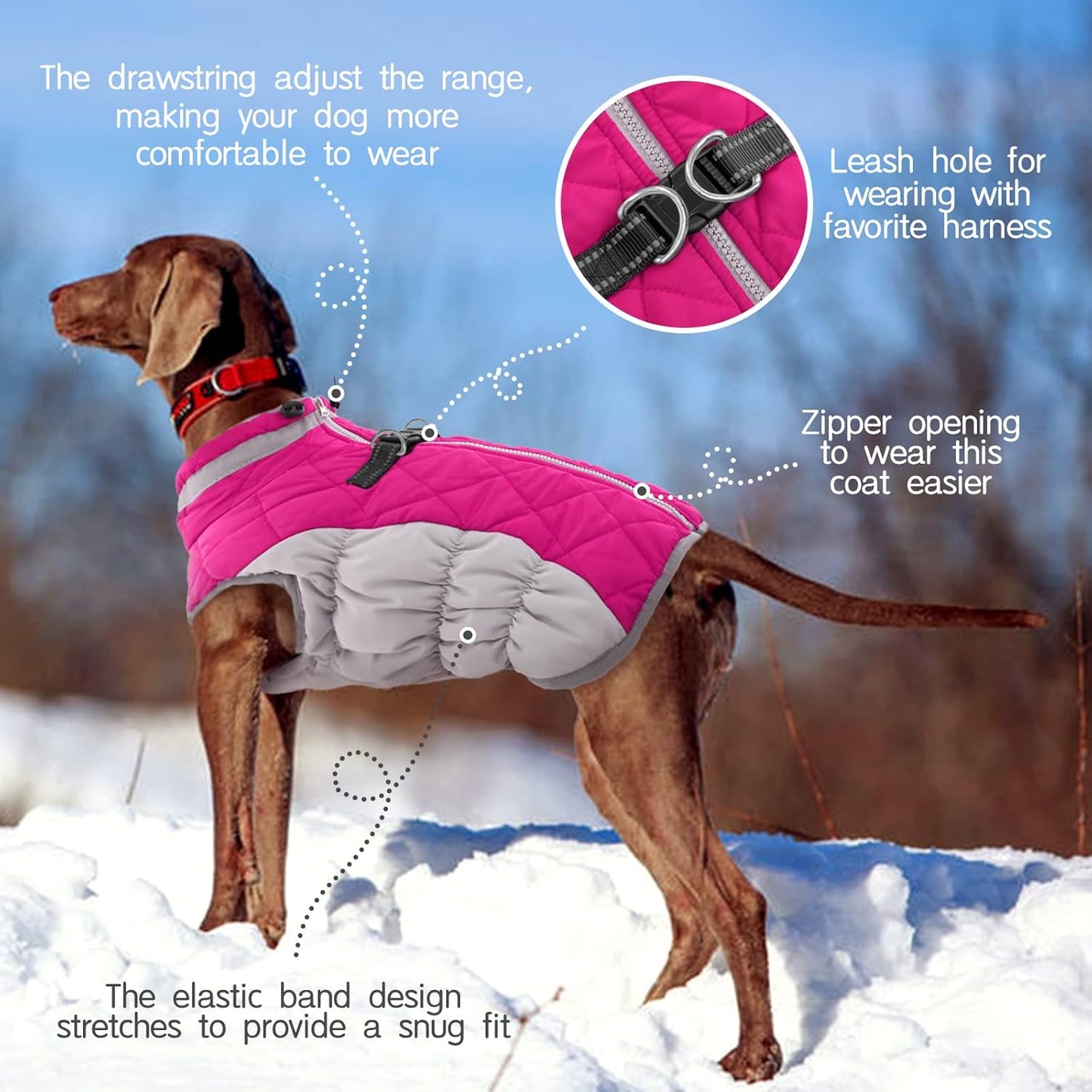 FUAMEY Dog Coat for Large Dogs,Waterproof Dog Winter Jacket with Harness Built in Puppy Cold Weather Coats Reflective Pet Vest with Zipper Warm Fleece Dogs Snowsuit Windproof Pink L