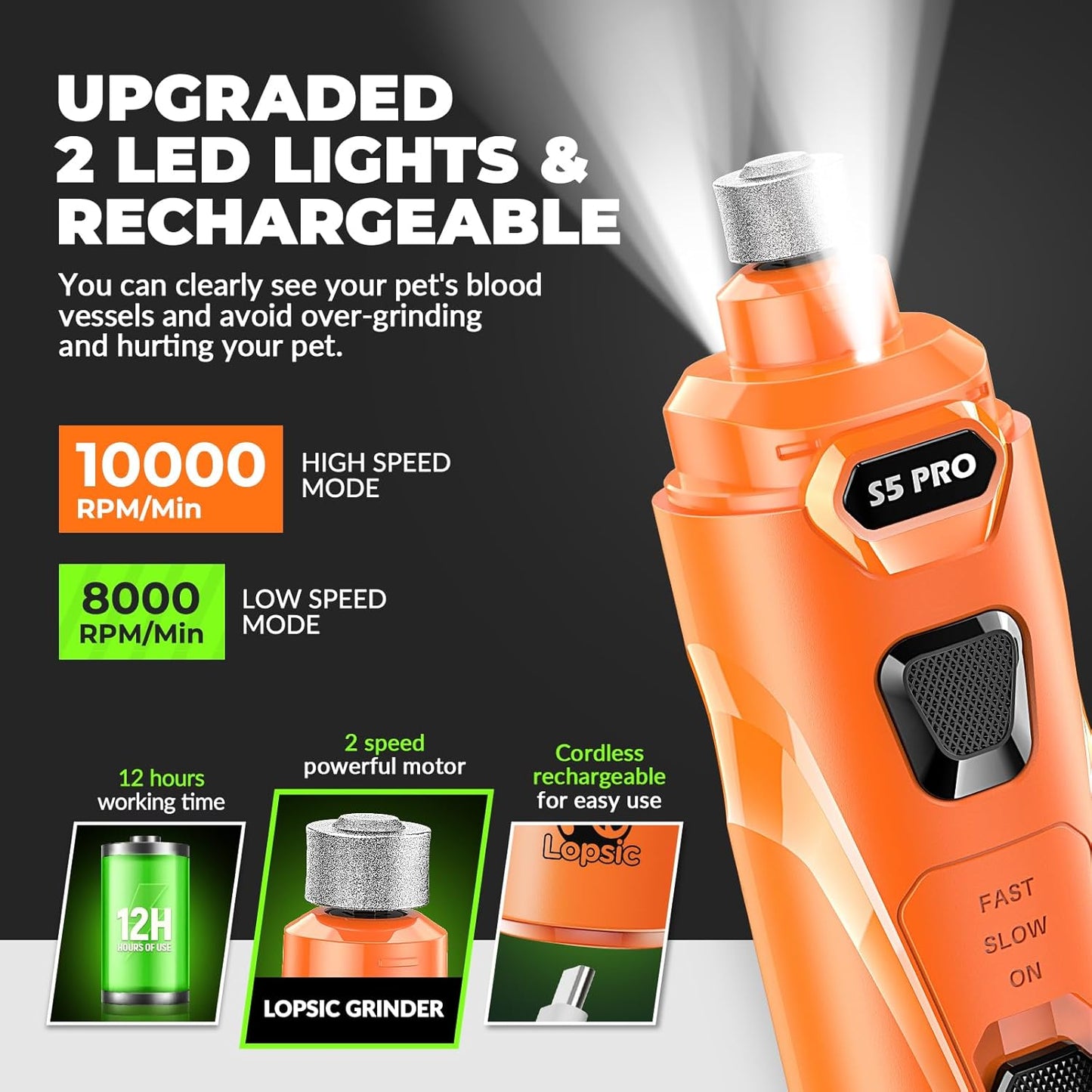 Dog Nail Grinder with 2 LED Lights Powerful 2 Speeds Super Quiet Dog Nail Trimmers with 3 Grinding Wheels Rechargeable Pet Dog Nail Clippers for Large Medium Puppy Dogs Dog Nail File Cat Nail Clipper