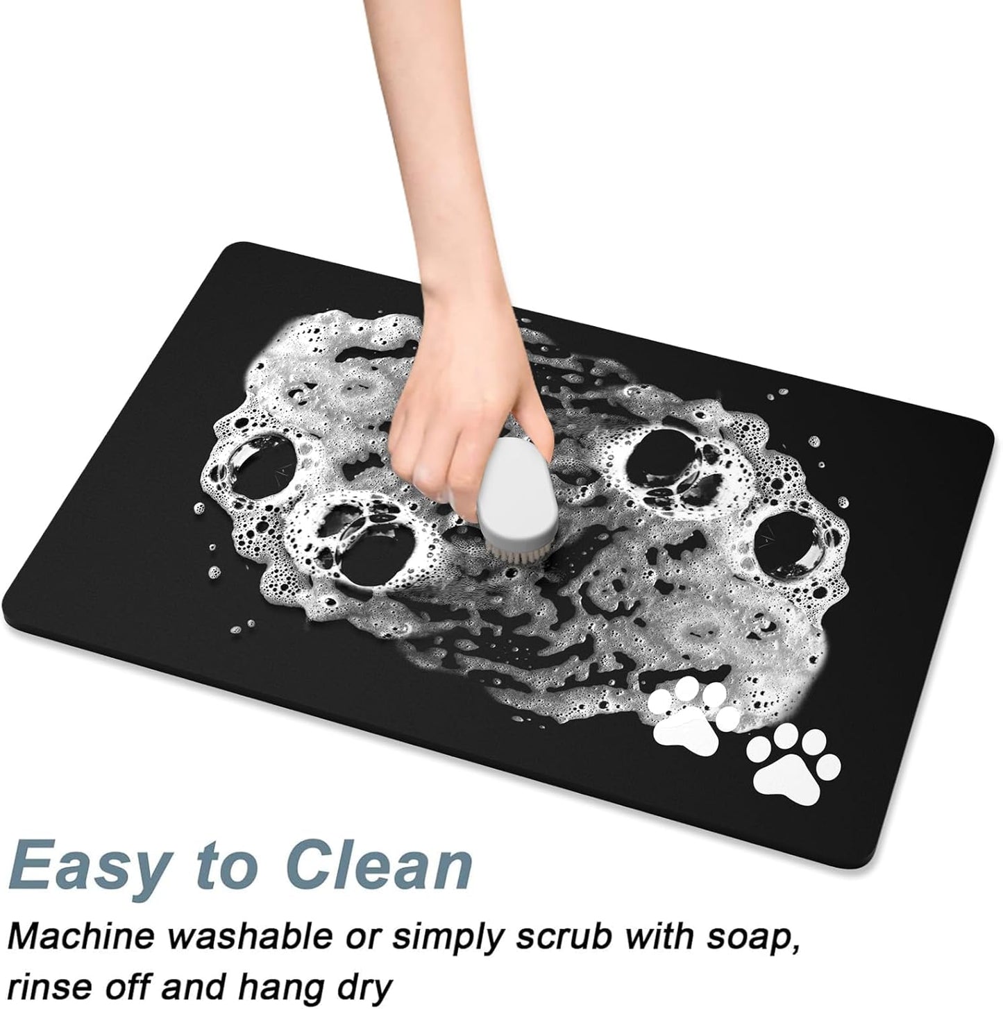 Rnivvi Dog Food Mat, 16" x 24" Footprint Absorbent Dog Cat Bowl Mat for Food and Water, Cute Anti-Slip Rubber Pet Feeding Rug Protect Floors, Puppy Placemat for Feeding & Watering Supplies, Black