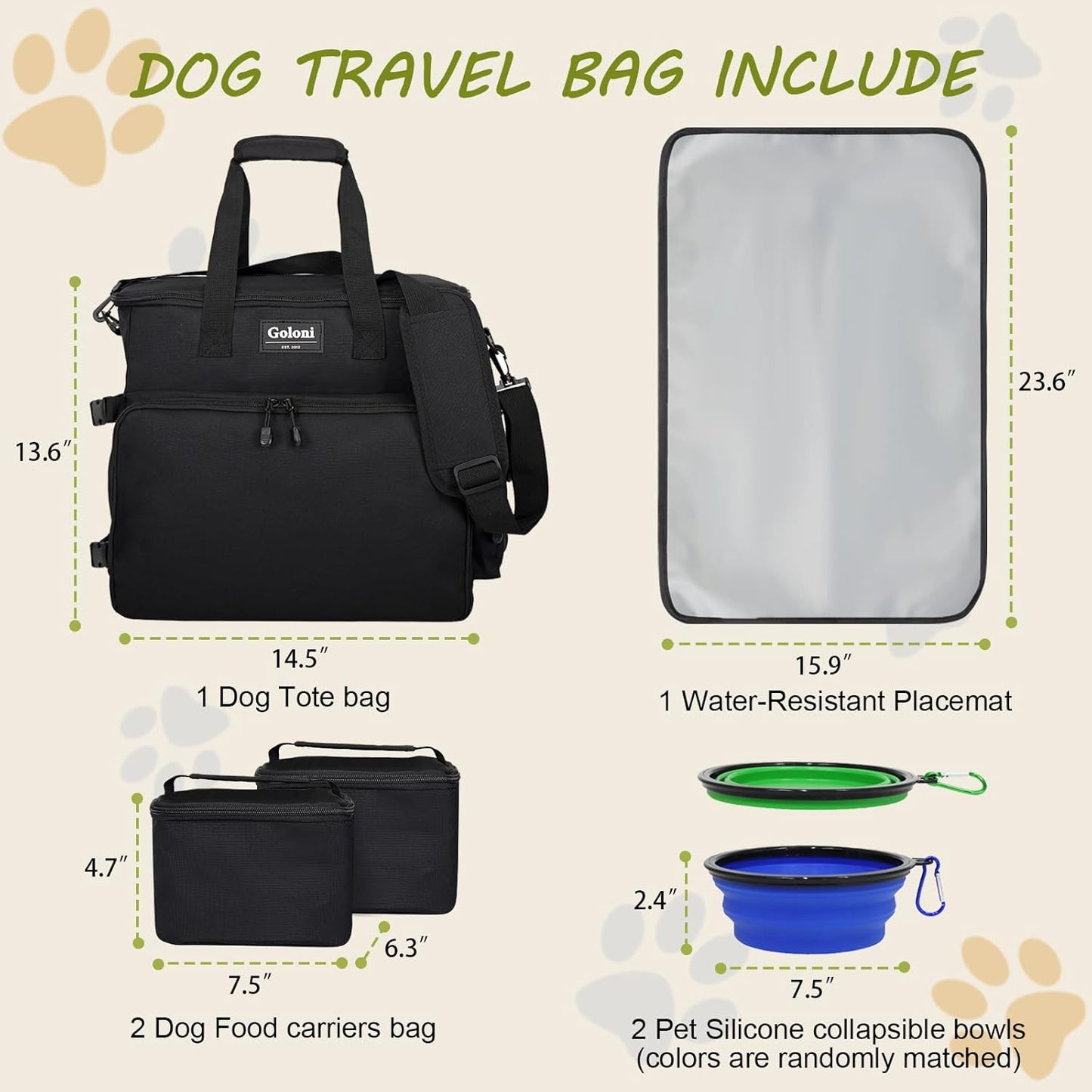 Dog Travel Bag Airline Approved–Pet Travel Tote with Collapsible Bowls,Food Containers & Feeding Mat–Multi-Pocket Organizer for Dogs & Cats, Durable & Water-Resistant for Hiking,Trips,Outdoors