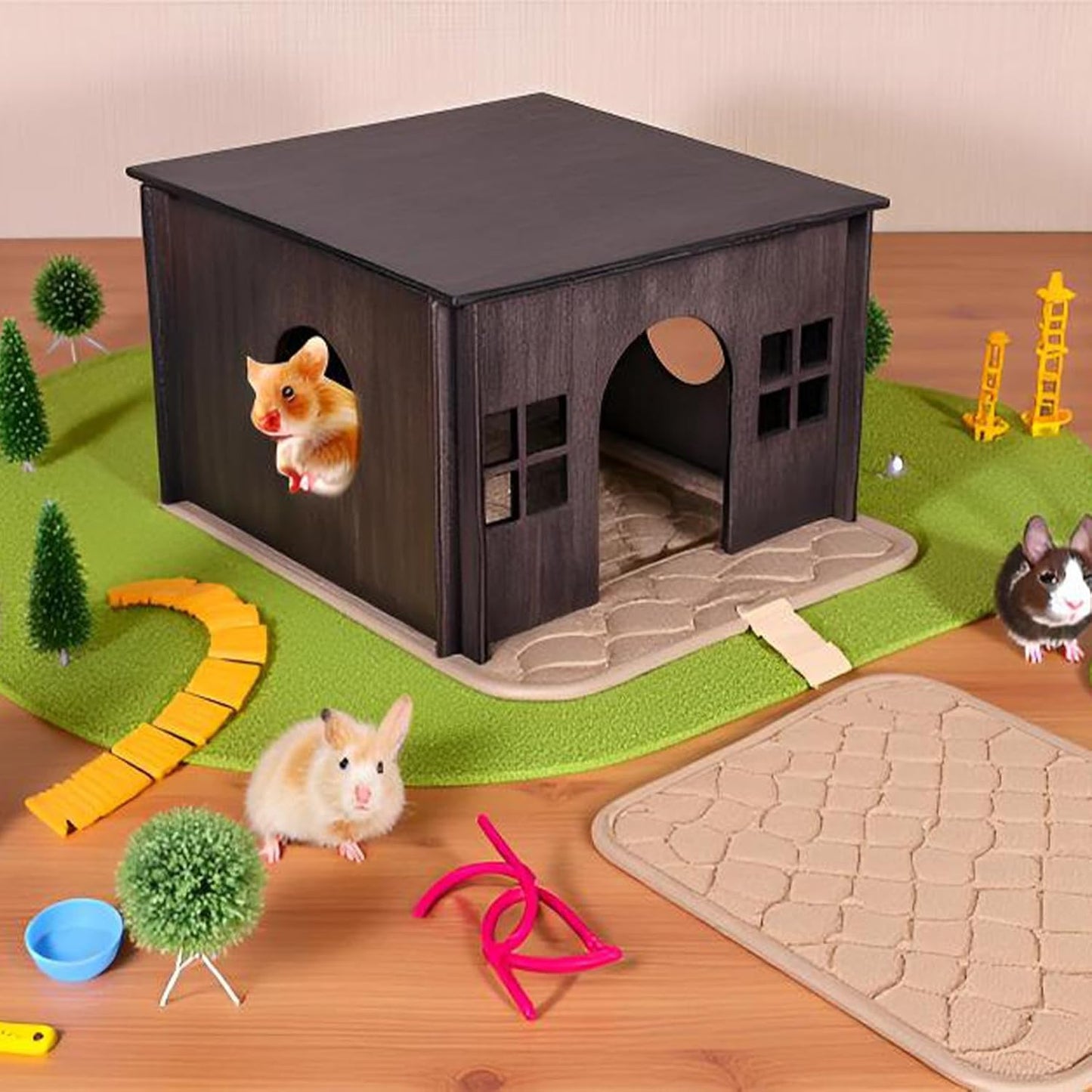 Wooden Guinea Pig House with Windows,Hamster Hideout, Large Size Suitable for Two Guinea Pig Hideout, Ventilated Wood Habitats Decor for Chinchilla, Hamster Mice Gerbils Mouse