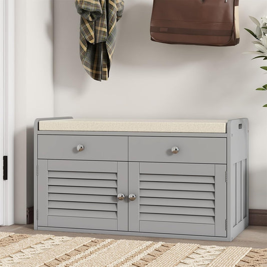 Shoe Storage Bench with 2 Drawers & 2 Doors, Entryway Bench with Cushion, 2 Adjustable Shelves, Shoe Cabinet for Entryway, Living Room, Hallway, Mudroom, Bedroom, Grey