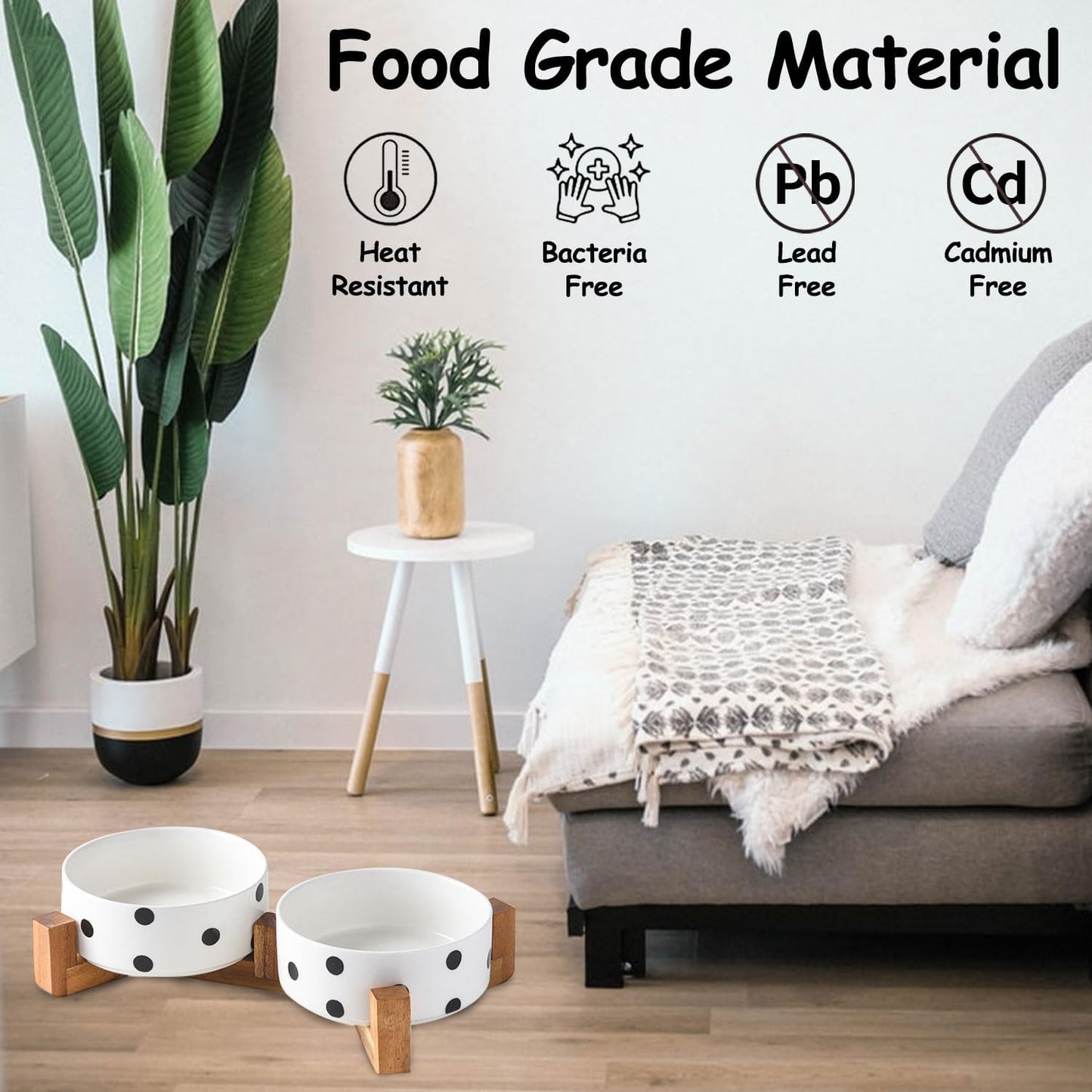 Petygooing Dog Bowls Ceramic, Cat Dog Bowl Set with Wood Stand for Food and Water,Non-Slip Cute Modern Pet Dishes for Cats Medium Size Dogs (28OZ/6.1 in) Black Dot