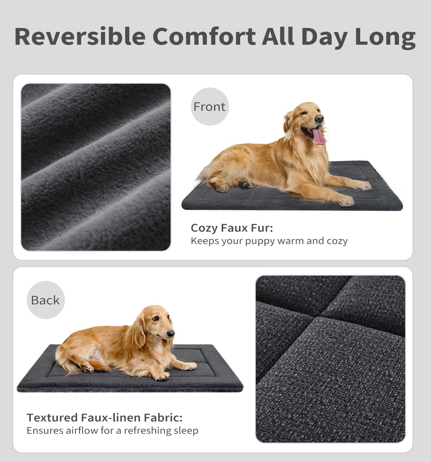 Made4Pets Dog Crate Pad Bed for Large Dogs, Washable & Reversible, Anti-Slip Kennel Mat for Cozy Sleeping, Soft Fluffy Dog Bed for Indoor & Outdoor Use, 44"x32", Dark Gray
