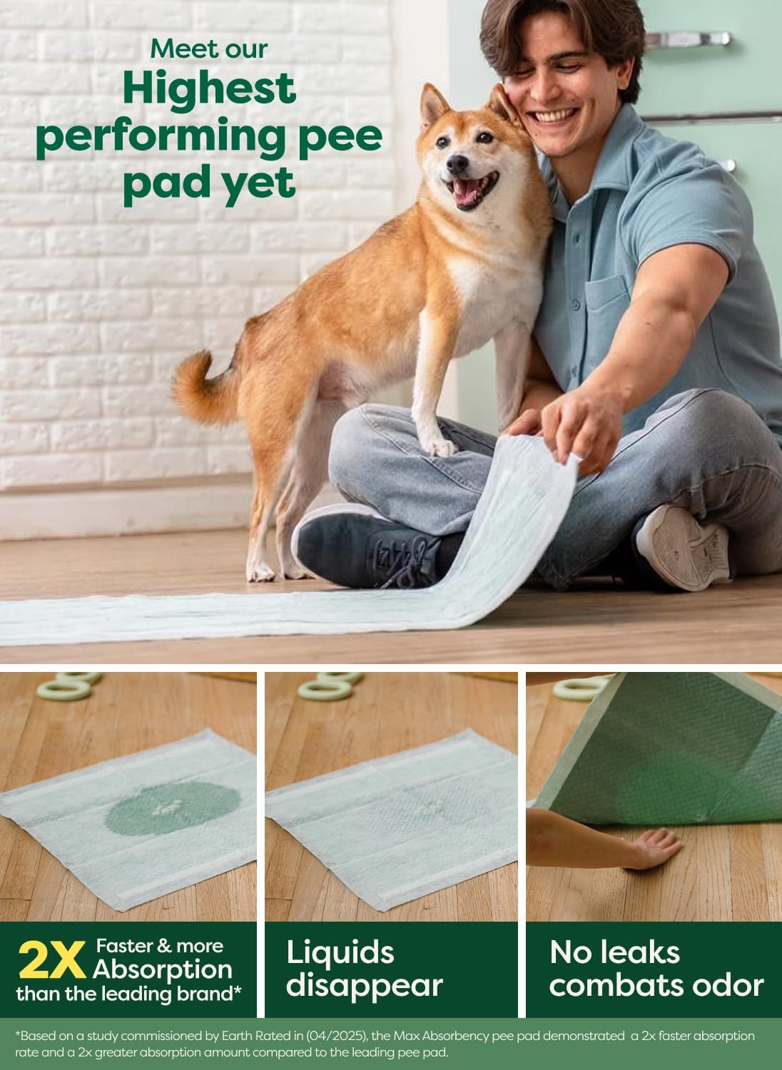 Earth Rated Max Absorbency Puppy Pee Pads for Dogs Absorbs 2X Faster & 2X More, Leak-Proof Odor-Free Potty Training Wee Wee Pad, Unscented, XL, 28” x 34”, 40 Count
