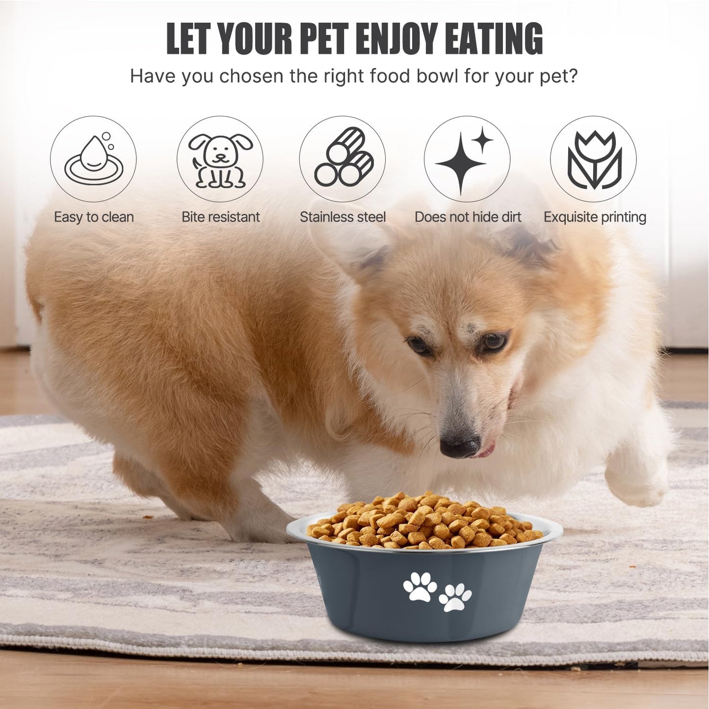 Stainless Steel Dog Bowls, Nonslip Rubber Bottom No Spill Proof Skid Metal Insulated Dog Bowls for Large Medium Small Breed Dogs (Grey, 6.6 Cups/53 OZ)