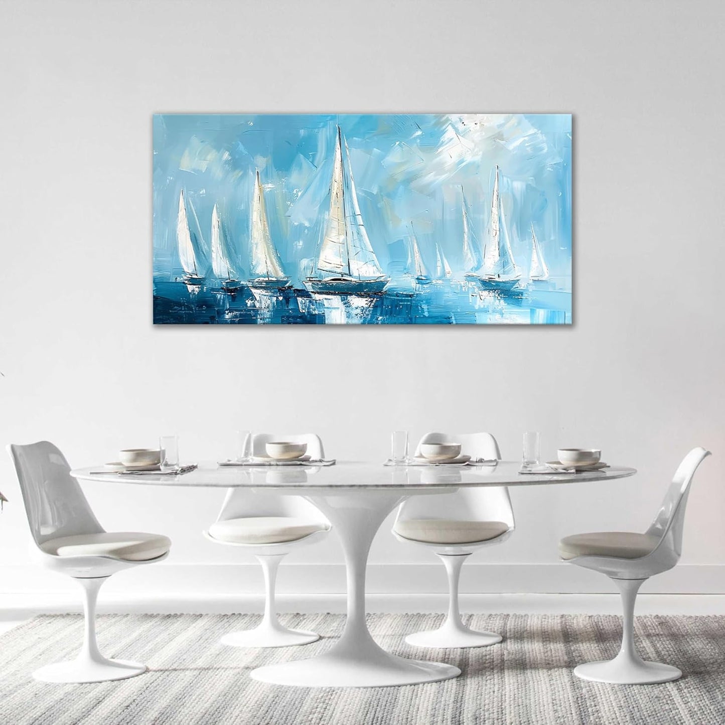 Large Blue and White Sailboat Wall Art Nautical Sails Canvas Living Room Ocean Pictures Framed Prints Oversize Wall Decor Painting Artwork for Bedroom Dining Office Home 60"x30"