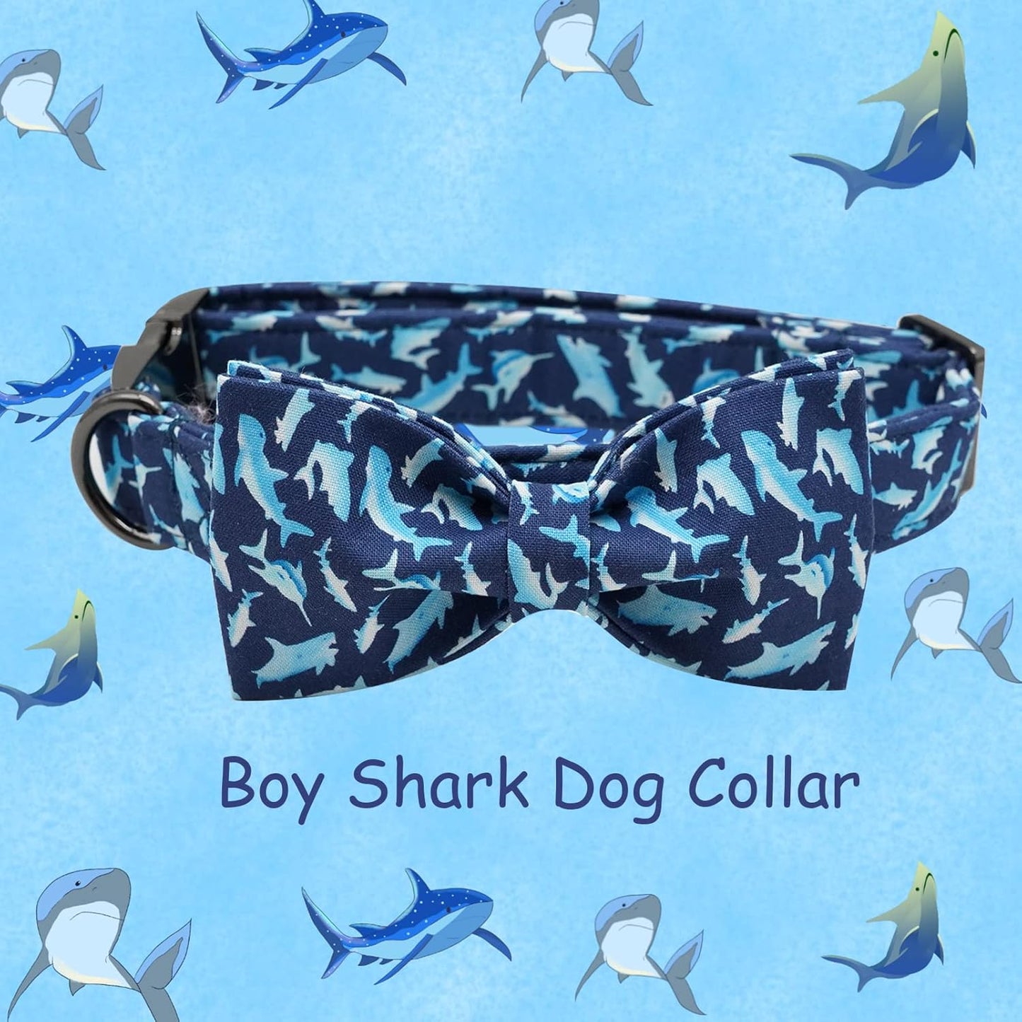 Elegant Little Tail Dog Collar with Bow, Shark Print Adjustable Cute Bowtie Collar for Medium Dogs