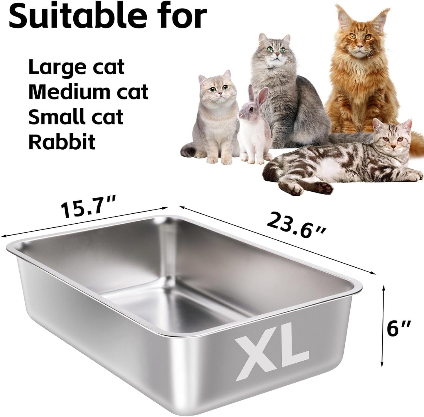 Stainless Steel Cat Litter Box 2 Pack,XL Metal Litter Box for Big Cats, Cat LitterBox Metal Pet Toilet Easy to Clean,High Sided Litters Boxes Adult Big Cats,Non Stick, No Smell,23.6"x15.8"x6"